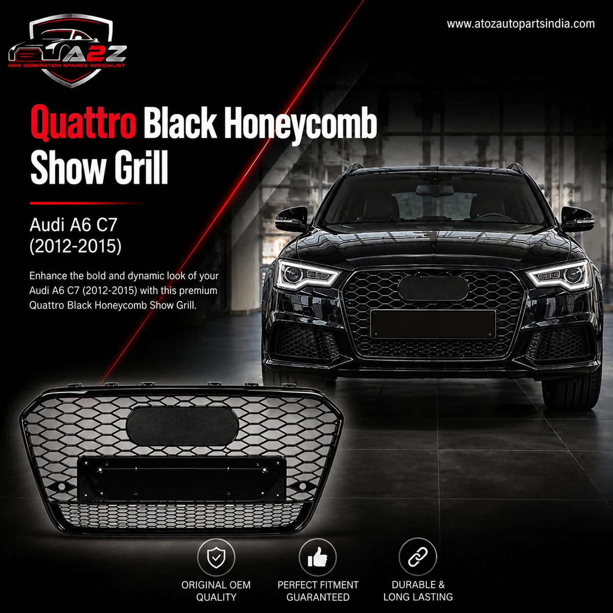 RS6 Quattro Black Honeycomb Show Grill Compatible With  Audi A6 C7(2012-15) RS6 Quattro Black Chrome Tag 56