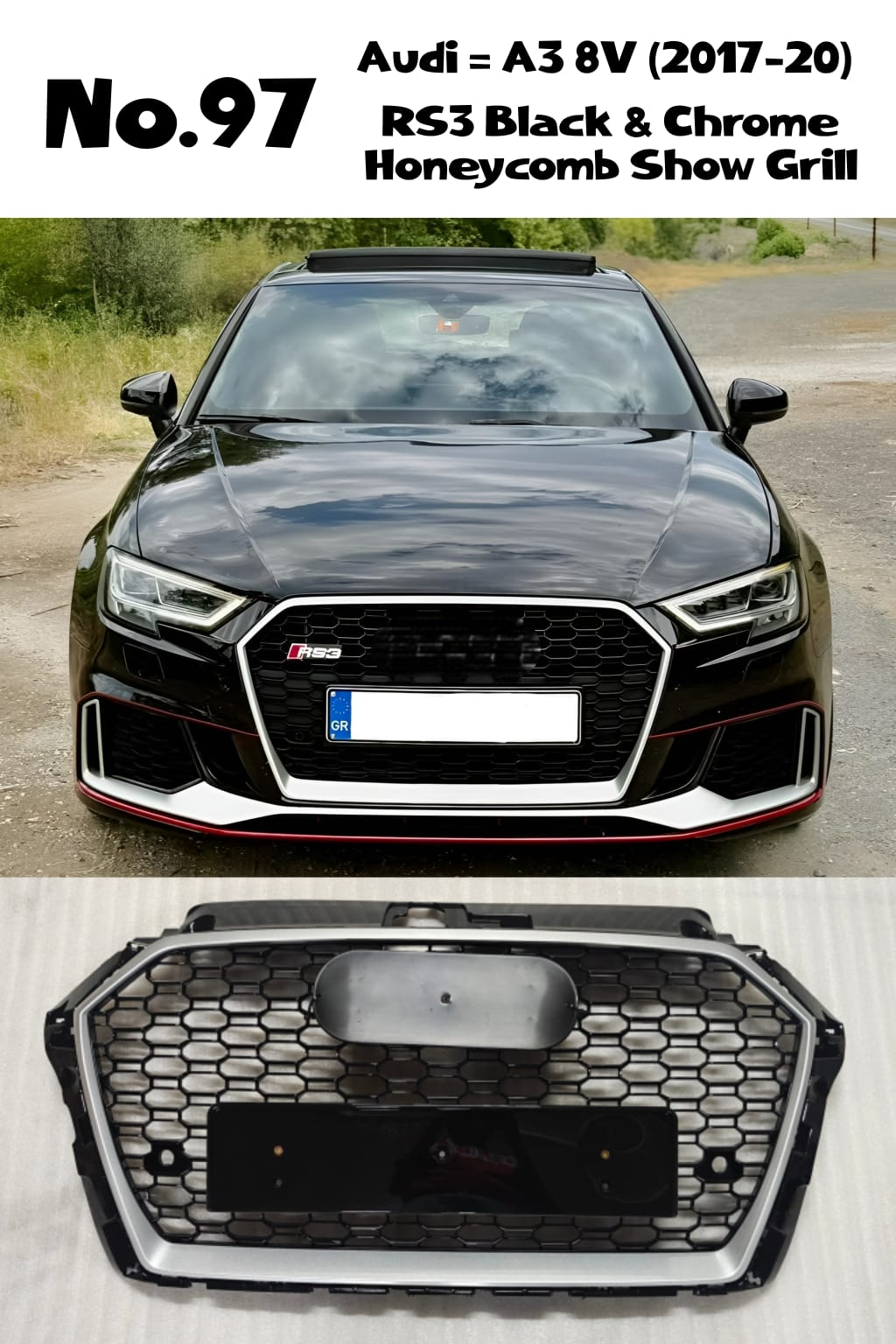 RS3 Black And Chrome Honeycomb Show Grill Compatible With Audi = A3 (2017-20) Tag No.97