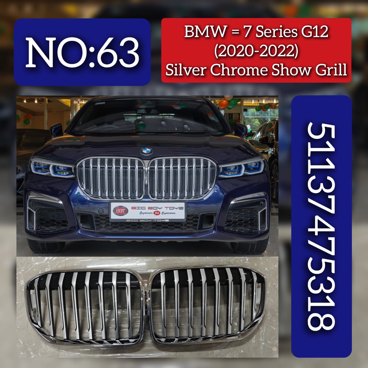 Silver Chrome Show Grill 51137475318 Compatible With BMW 7 SERIES (G12) (2020-2022) Tag No.63