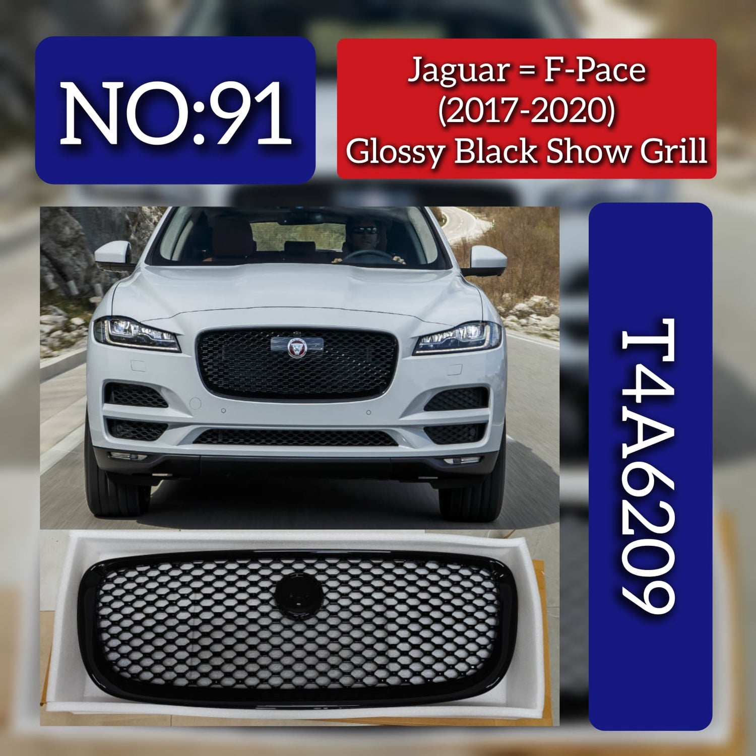 Glossy Black Show Grill T4A6209 Compatible With Jaguar F-pace (2017-2020) Tag No.91