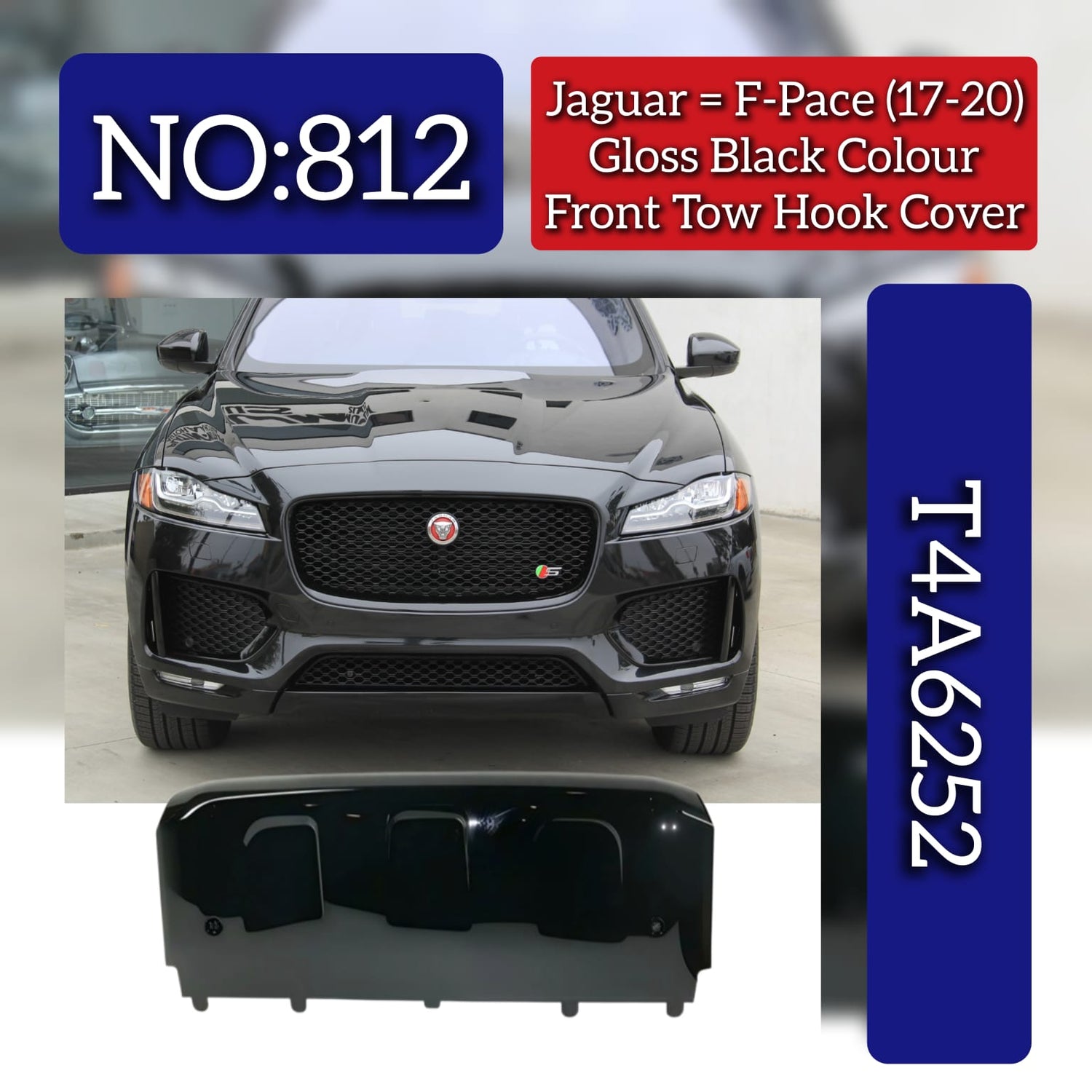 Front Tow Hook Cover Gloss Black Colour T4A6252 Compatible With Jaguar F-Pace (2017-2020) Tag No.812