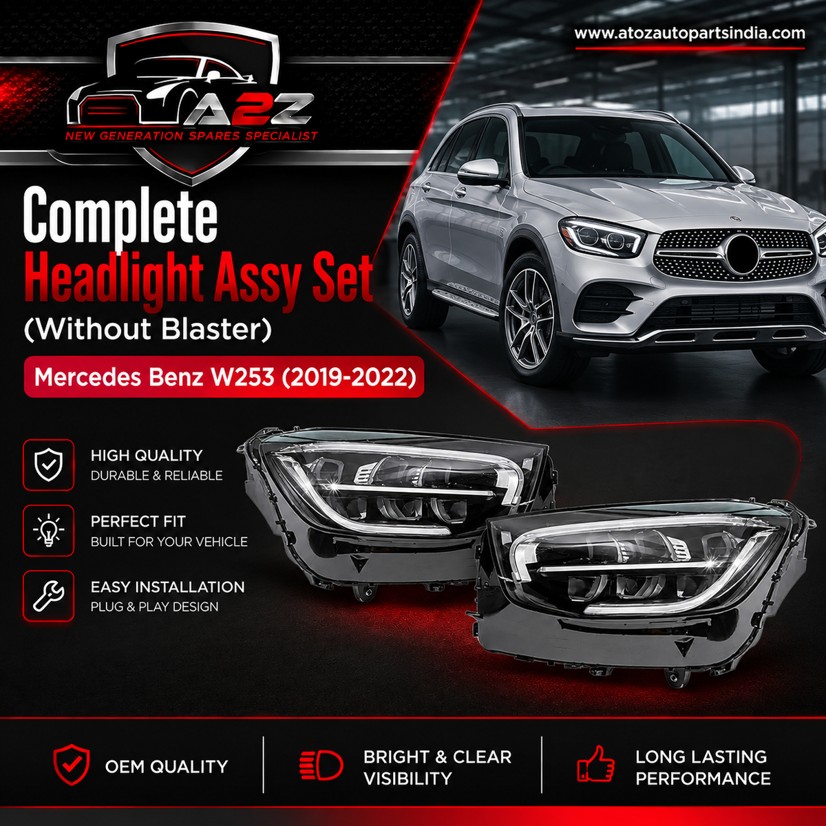 Complete Headlight Assy Set (Without Blaster) Left 2539068702 & Right 2539068802 Compatible With Mercedes Benz W253 (2019-2022) Tag No.125