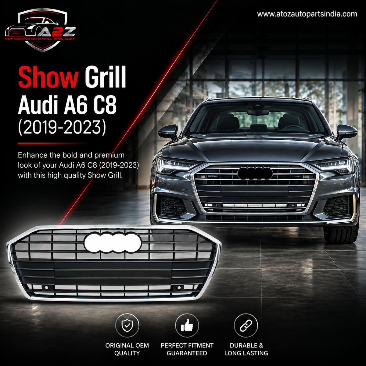 Show Grill Compatible With  Audi A6 C8(2019-23) Original Black Chrome Tag No.72