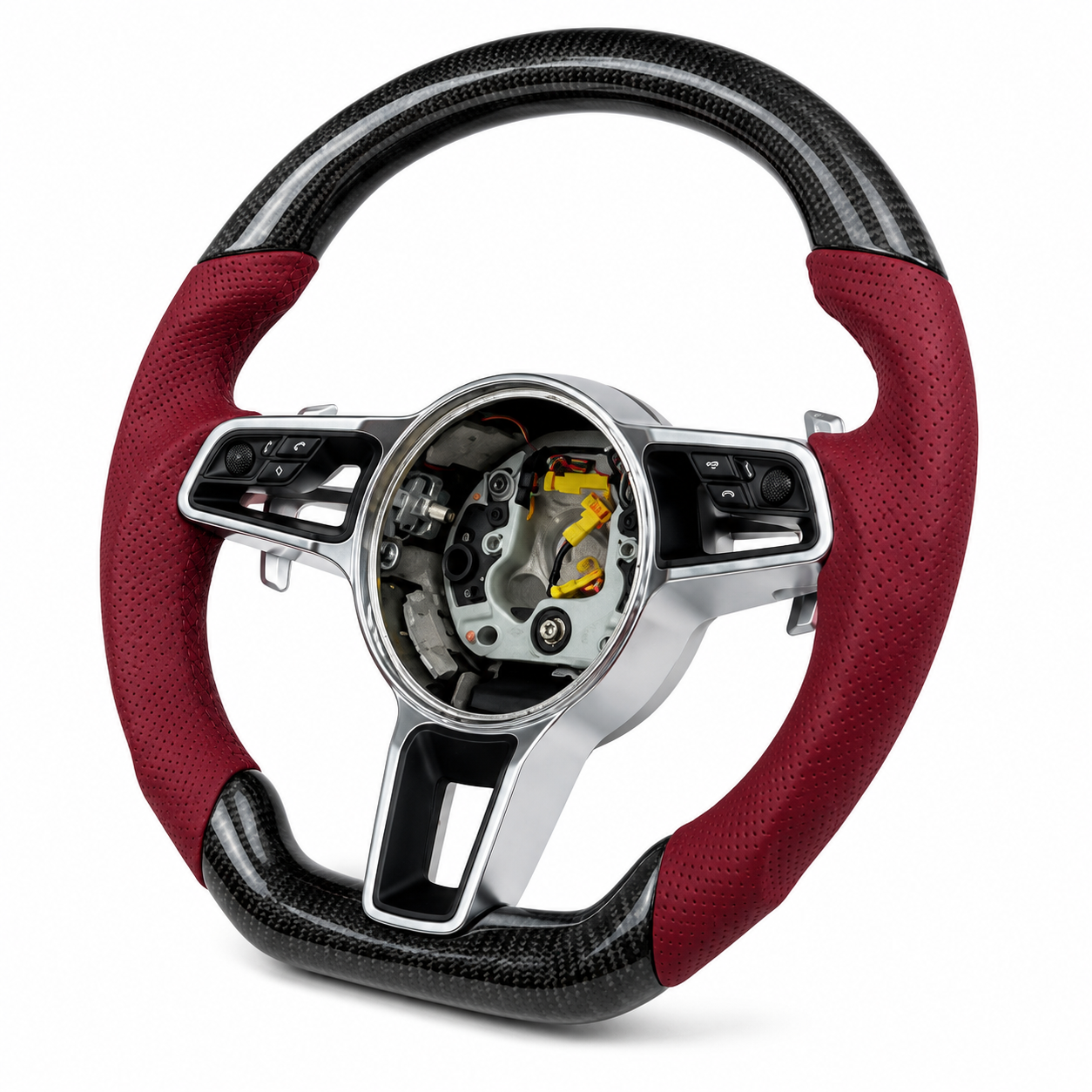 Carbon Fiber & Burgundy Perforated Leather Steering Wheel Compatible With Porsche All Models