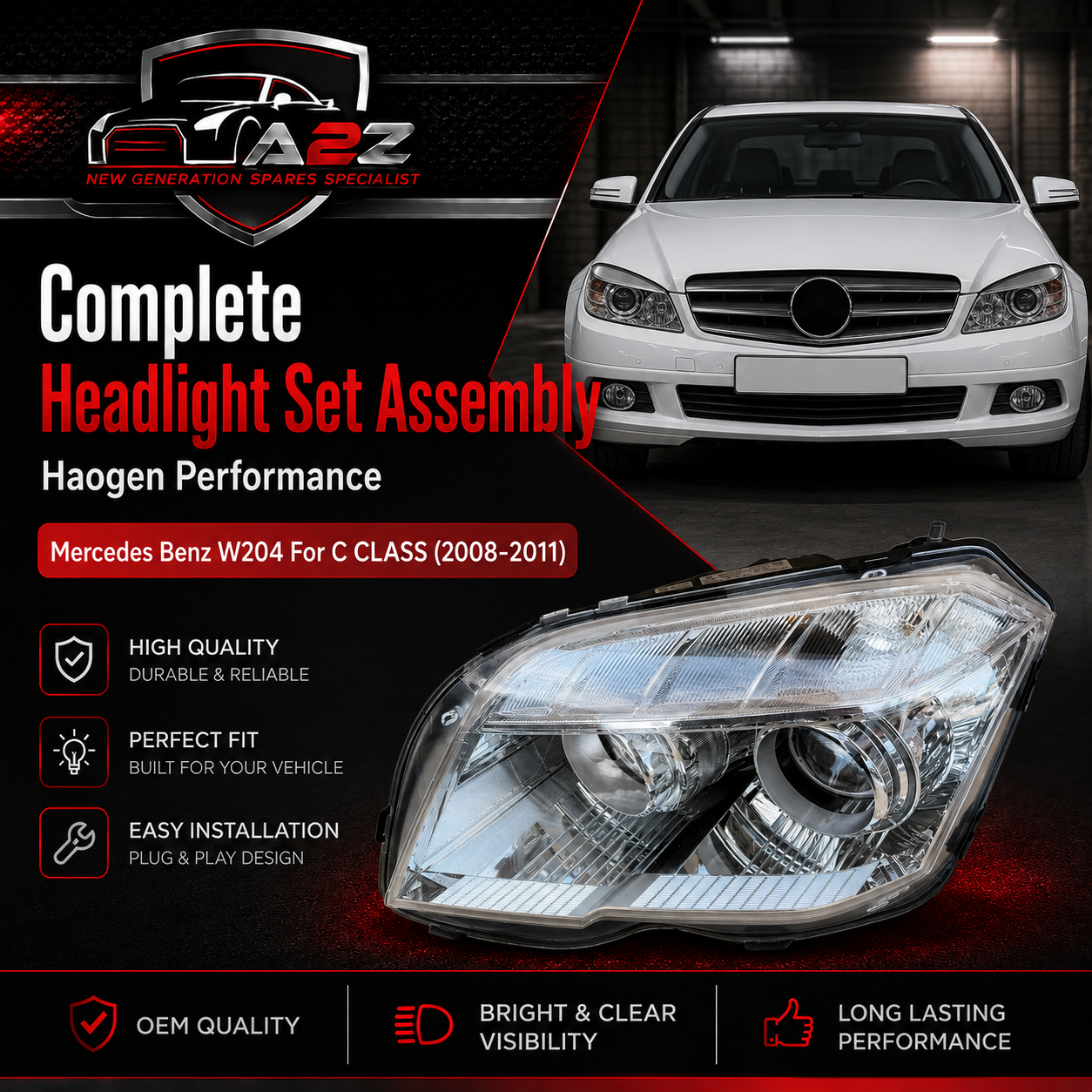 Headlamp Halogen Left 2048206859 & Right 2048206959 Compatible With Mercedes Benz W204 For C CLASS (2008-2011)