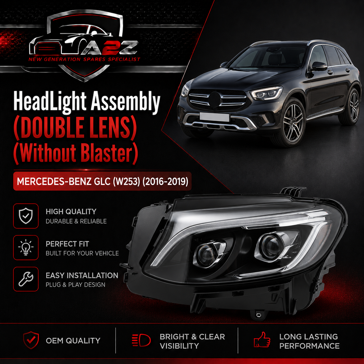 Headlight Headlamp Left A2539061501 & Right A2539061601 (DOUBLE LENS) (Without Blaster) Compatible With MERCEDES-BENZ GLC (W253) (2016-2019)