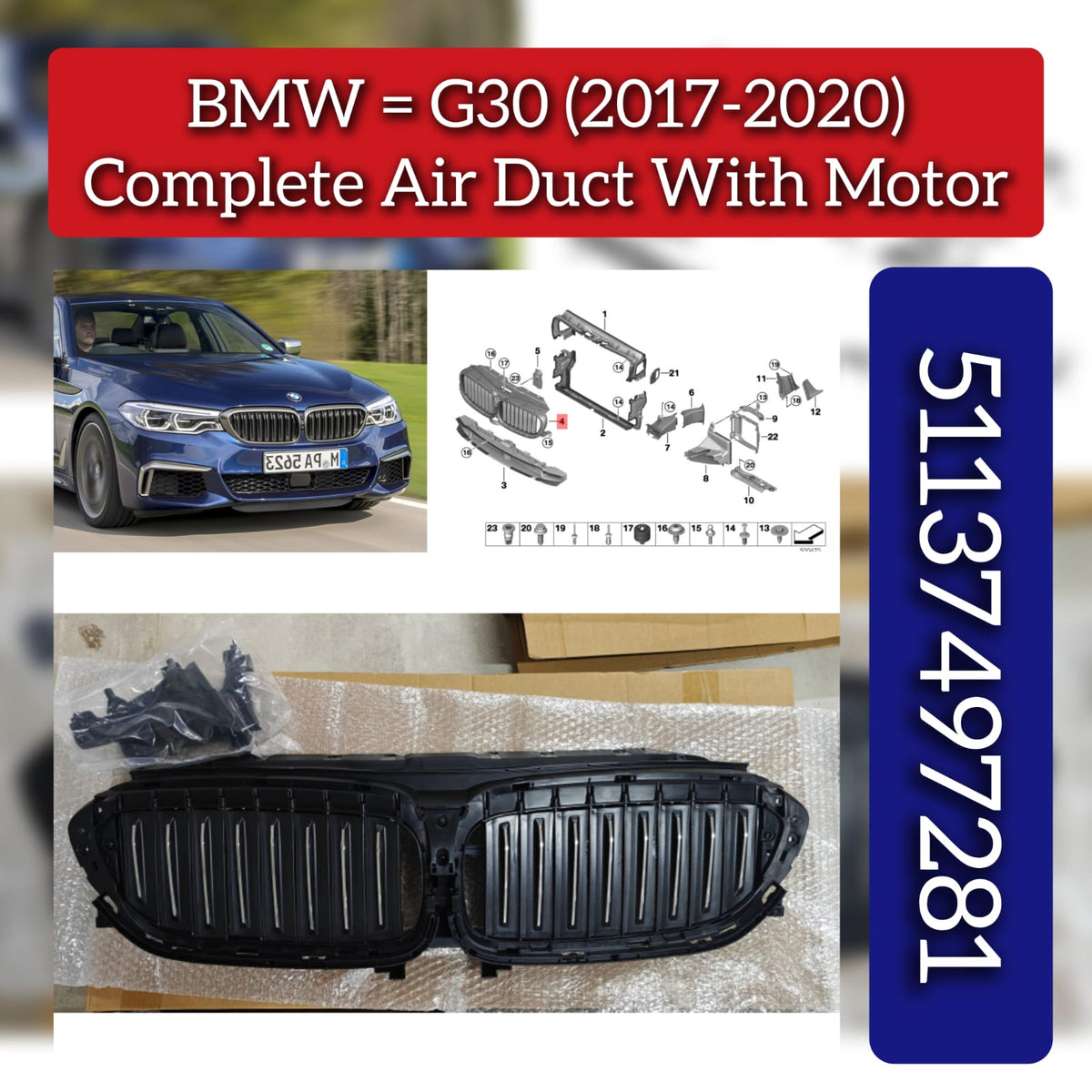 Complete Air Duct With Air Flap 51137497281B 51137497281 Compatible With BMW 5 Series (G30) (2017-2020)