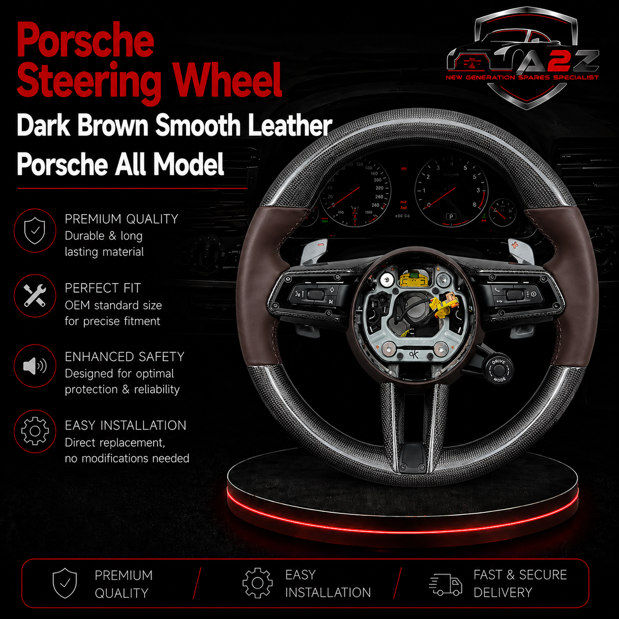 Carbon Fiber & Dark Brown Smooth Leather Steering Wheel Compatible With Porsche All Models