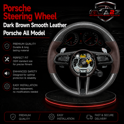 Carbon Fiber & Dark Brown Smooth Leather Steering Wheel Compatible With Porsche All Models