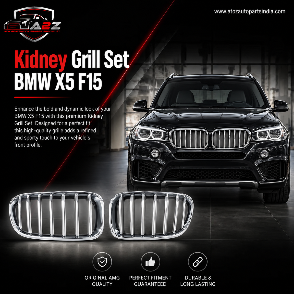 Kidney Grill Set 51137316062=R.H, & 51137316061=L.H  Compatible With BMW X5 F15 Tag 47
