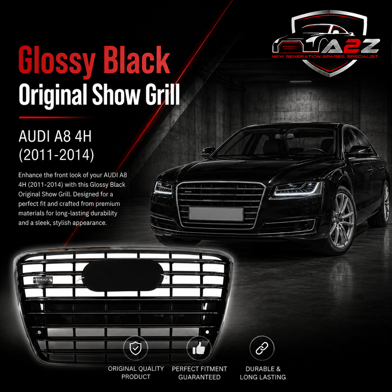 Glossy Black Original Show Grill A4H0853551GHT94 Compatible With AUDI A8 4H (2011-2014) Tag No.106