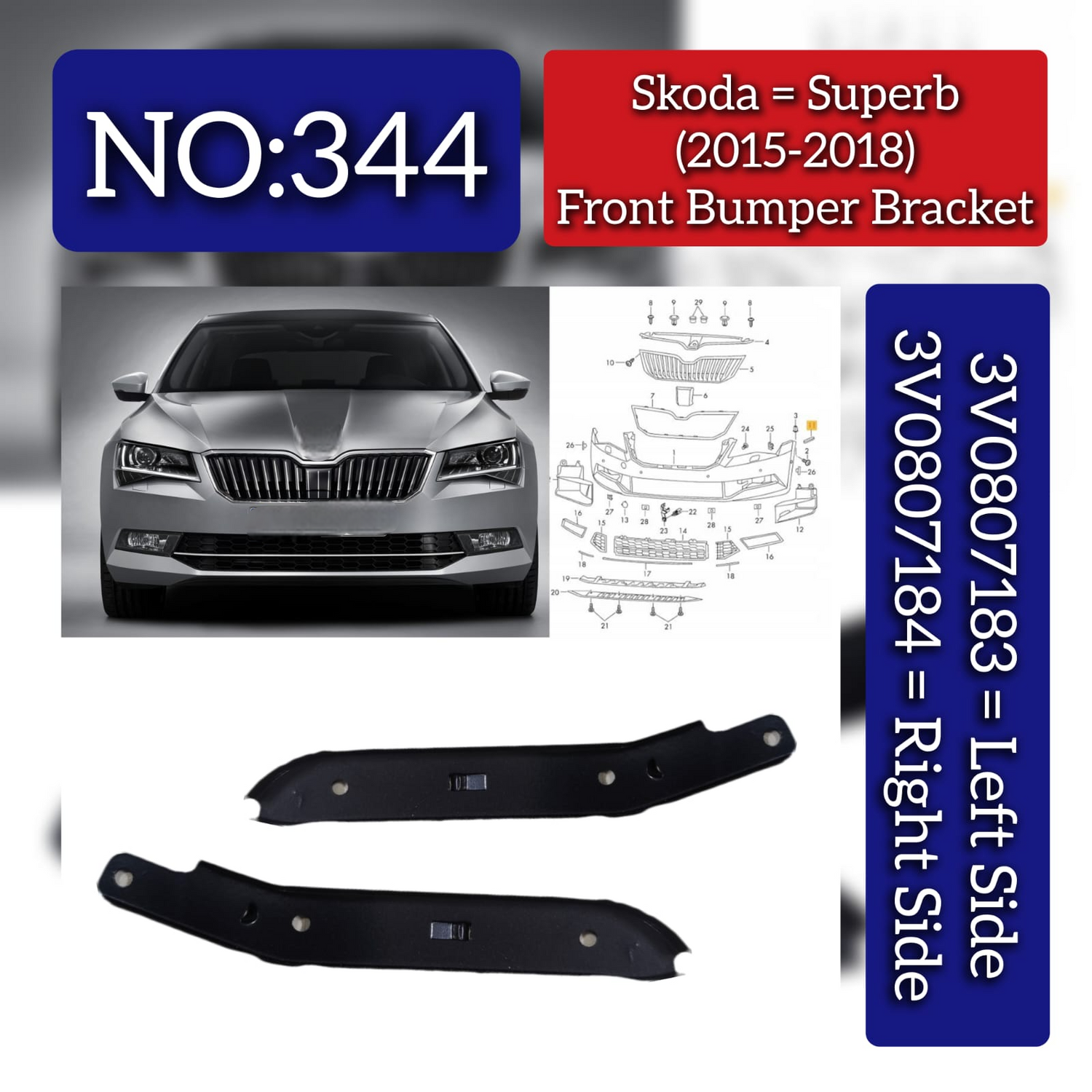 Front Bumper Bracket Set Left 3V0807183 & Right 3V0807184 Compatible With Skoda Superb (2015-2018) Tag No.344