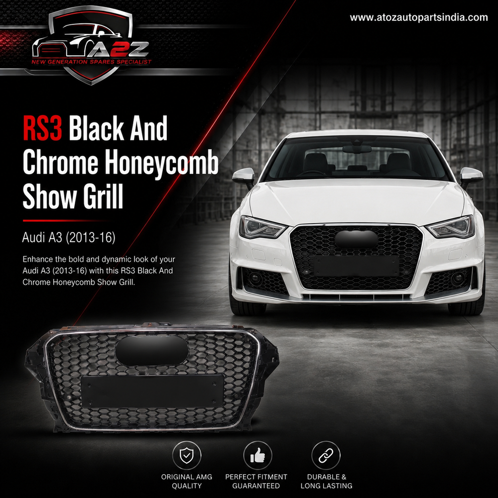 RS3 Black And Chrome Honeycomb Show Grill Compatible With Audi = A3 (2013-16) Tag No.94