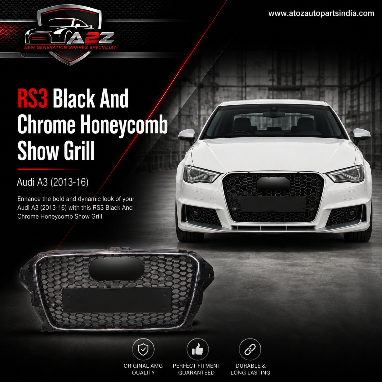 RS3 Black And Chrome Honeycomb Show Grill Compatible With Audi = A3 (2013-16) Tag No.94