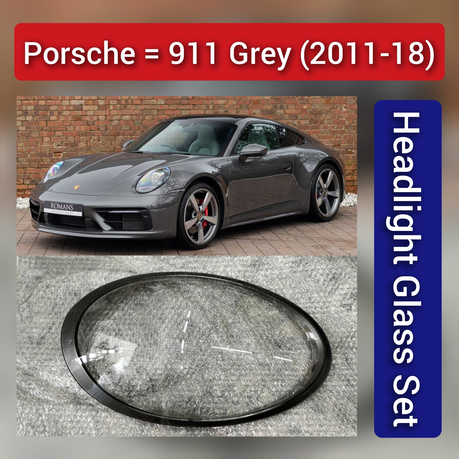 Front Headlight Glass Gray Compatible with Porsche 911 (2011 - 2018).