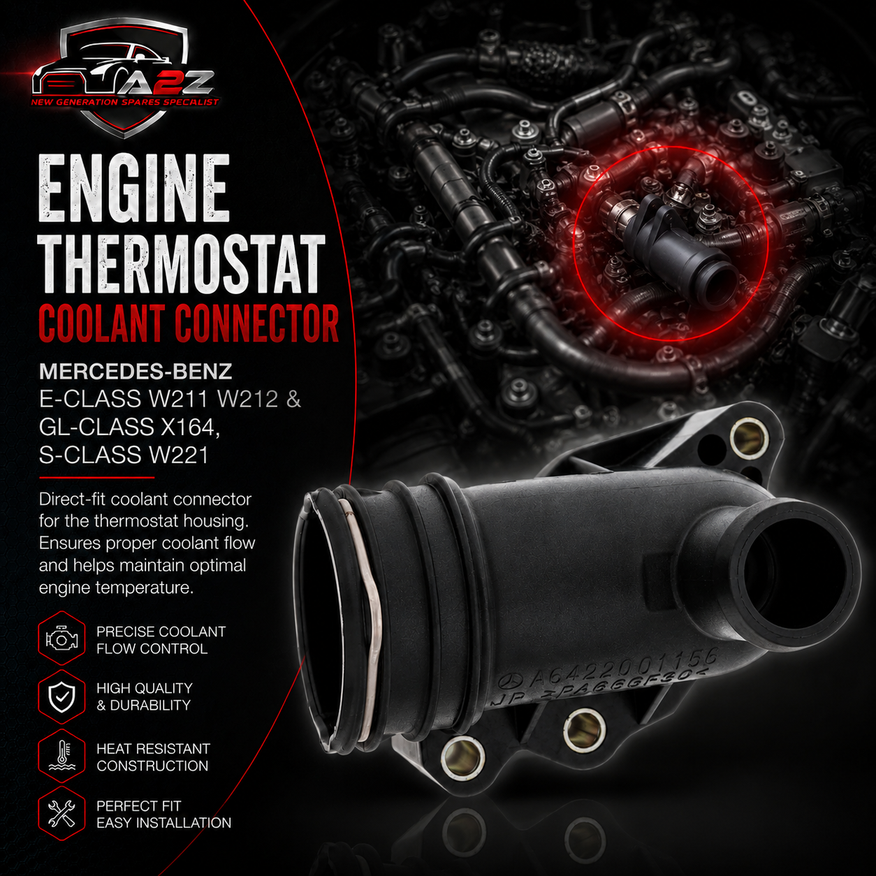 Engine Thermostat Coolant Connector 6422001156 Compatible With MERCEDES-BENZ E-CLASS W211 W212 &  GL-CLASS X164, S-CLASS W221 Tag-E-10