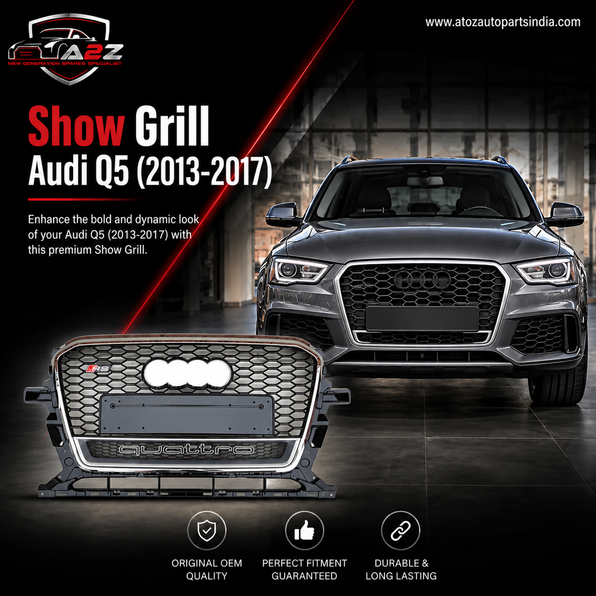Show Grill  Compatible With Audi Q5 (2013-2017) RSQ5 Quattro Silver Chrome Tag No.149