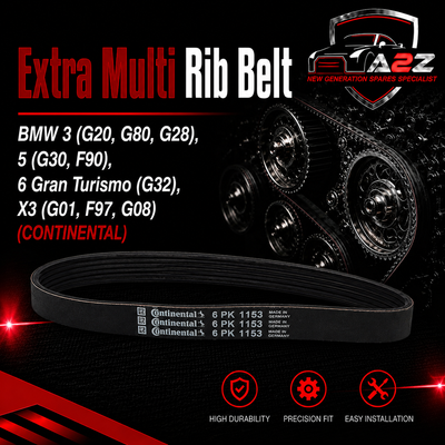 Extra Multi Rib Belt 6PK1157 11287926093 Compatible With BMW 3 (G20, G80, G28), 5 (G30, F90), 6 Gran Turismo (G32), X3 (G01, F97, G08) (CONTINENTAL)