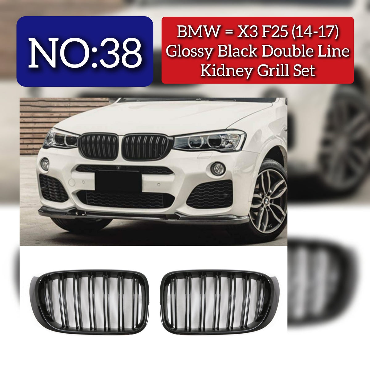 Glossy Black Double Line Kidney Grill Set Left 51137367421 & Right 51137367422 Compatible With BMW X3 F25 (2014-2017) Tag No.38
