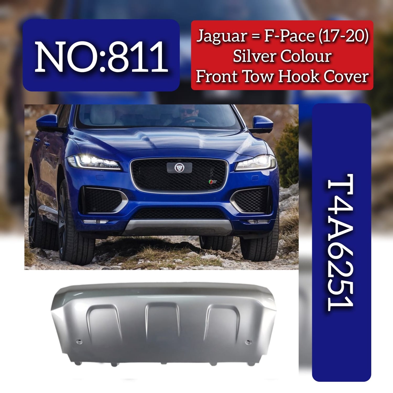 Silver Colour Front Tow Hook Cover T4A6251 Compatible With Jaguar F-pace (2017-2020) Tag No.811