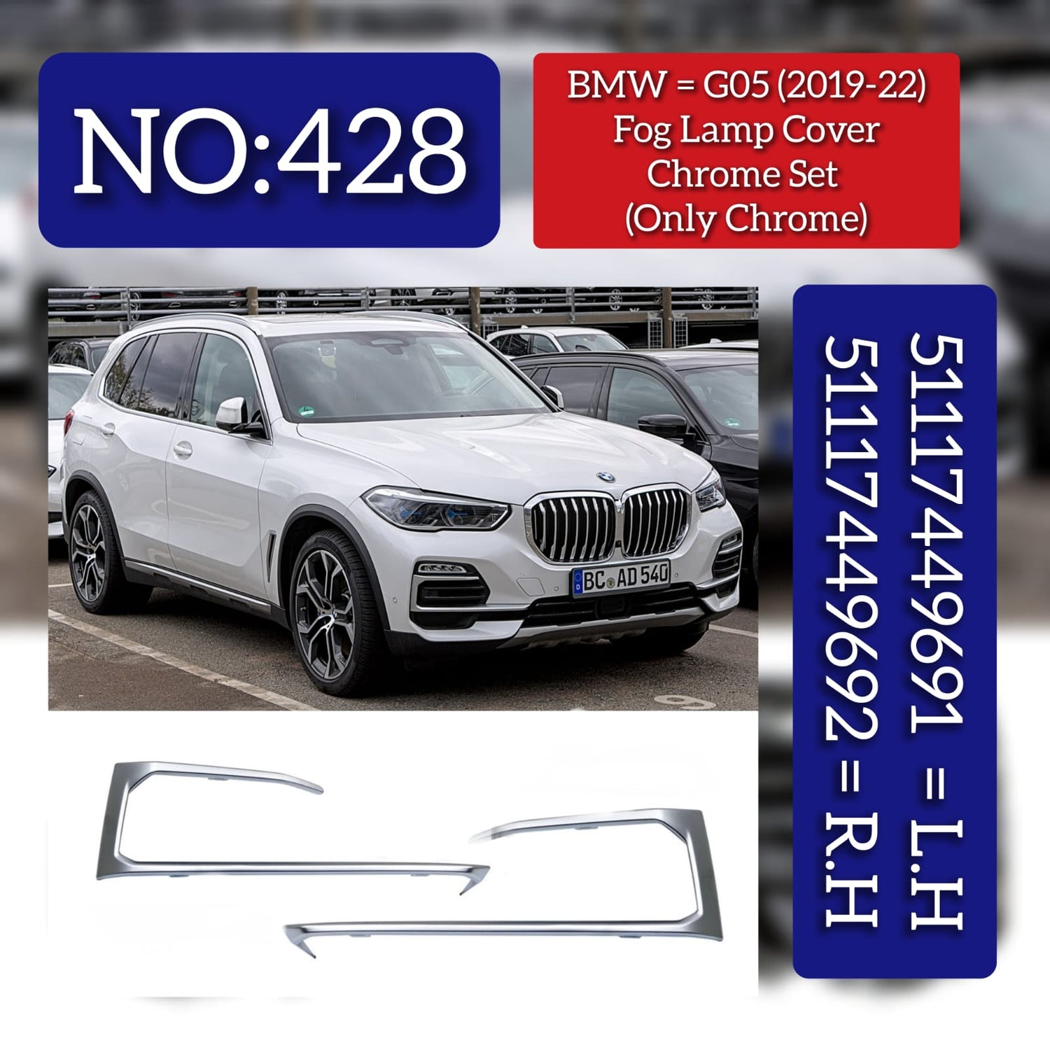 Fog Lamp Cover Chrome Set (Only Chrome) Left 51117449691 & Right 51117449692 Compatible With BMW G05 (2019-22) Tag No.428