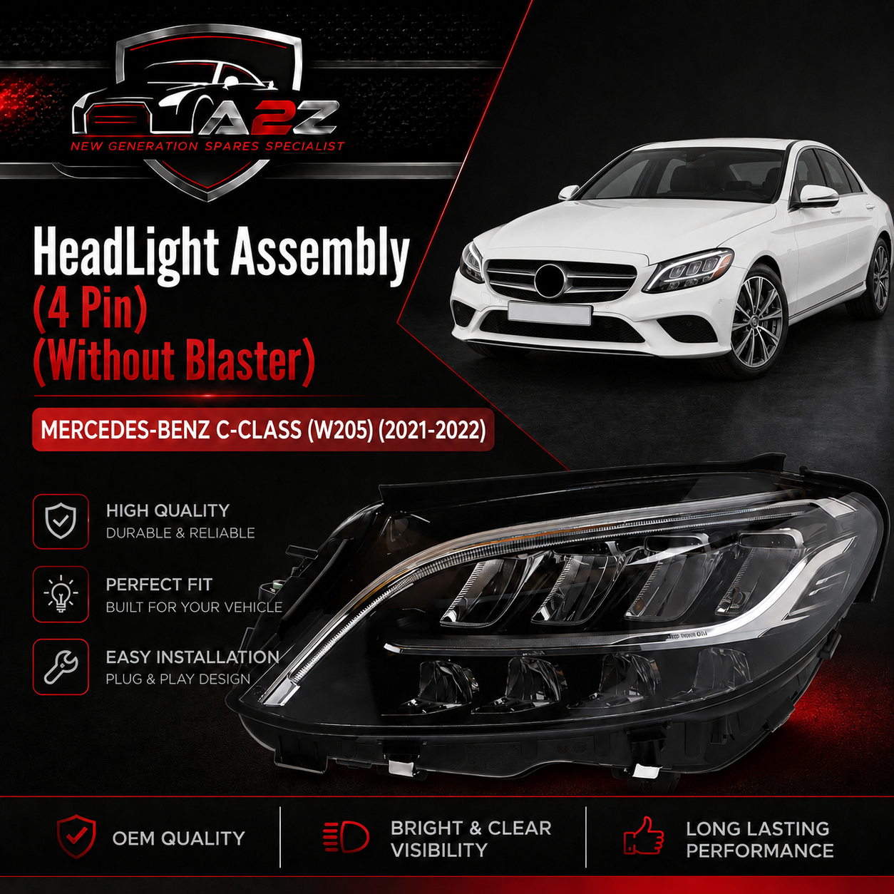 Complete Headlight Headlamp Assy Left A2059068905 (6 Pin) & Right A2059069005(4 Pin) (Without Blaster) Compatible With MERCEDES-BENZ C-CLASS (W205) (2021-2022) Tag No.110