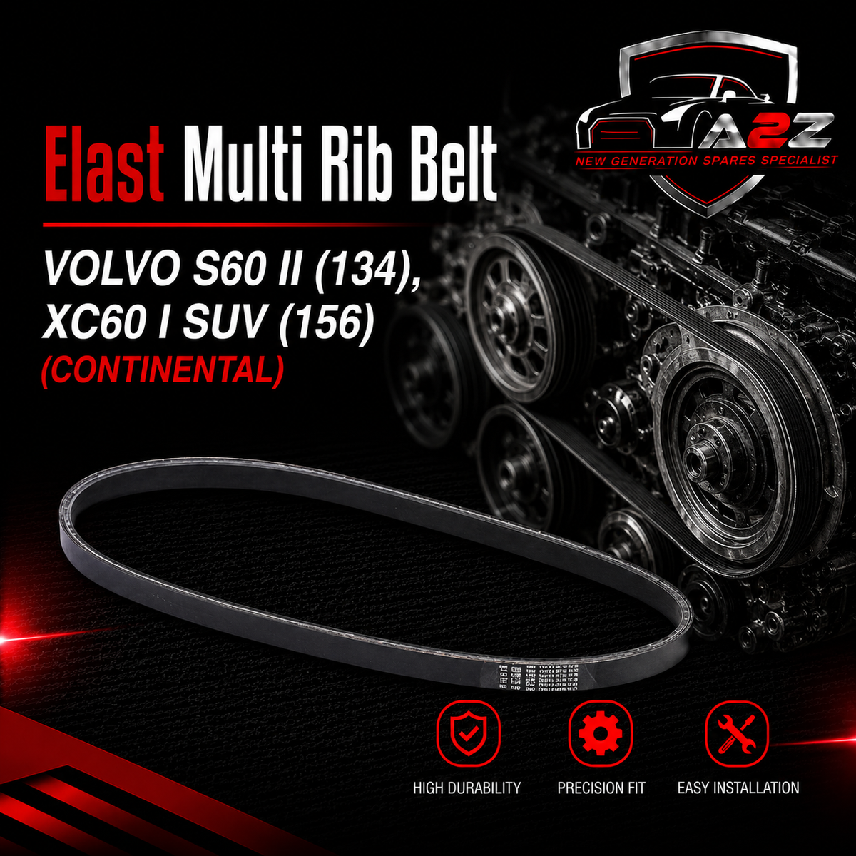 Elast Multi Rib Belt 3PK628 31325042 Compatible With VOLVO S60 II (134), XC60 I SUV (156) (CONTINENTAL) Tag No.34