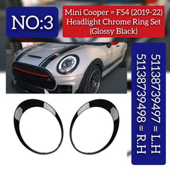 Headlight Chrome Bezel Ring Trim Left 51138739497 & Right 51138739498 Compatible With MINI F54 (Glossy Black 2019-2022)