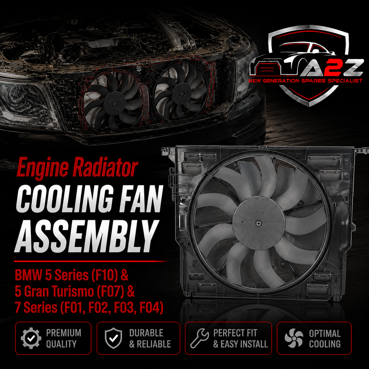 Engine Radiator Cooling Fan Assembly 17427599494 17427647652 17428509742  Compatible With BMW 5 Series (F10) & 5 Gran Turismo (F07) &  7 Series (F01, F02, F03, F04)