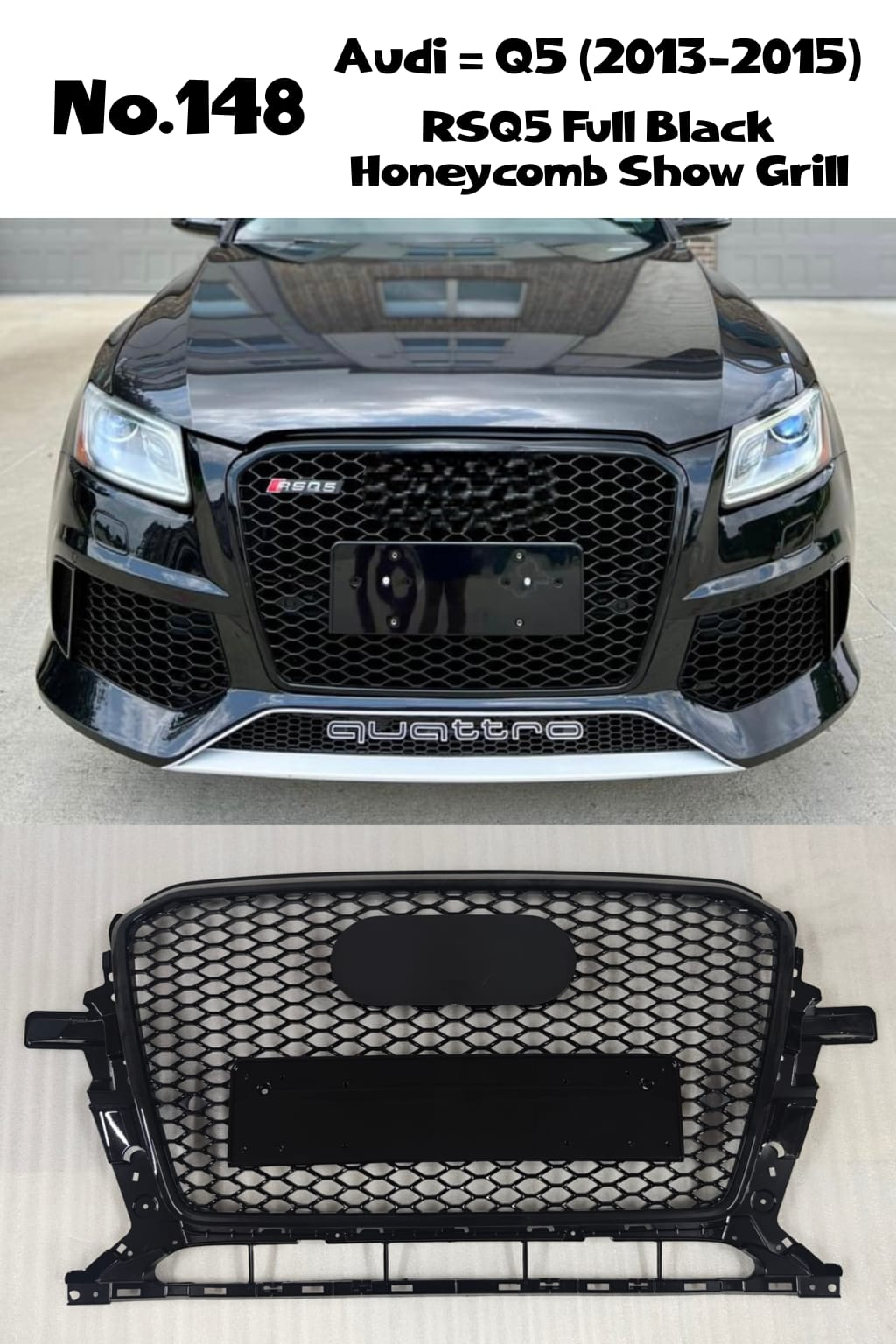 RSQ5 Full Black Honeycomb Show Grill Compatible With Audi Q5 (2013-2017) RSQ5 Black Chrome Tag No.148
