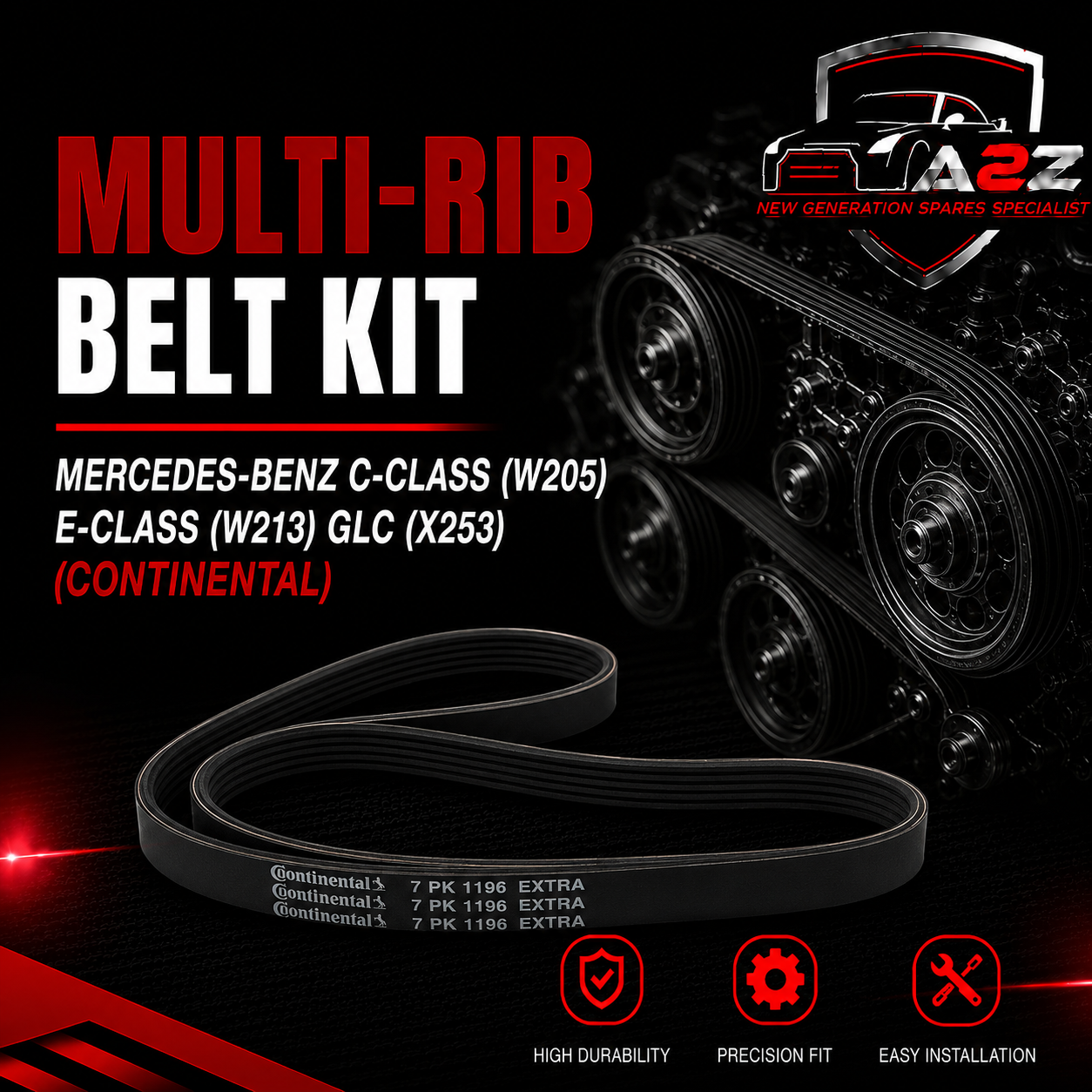 Multi Rib Belt Kit 7PK1196 7PK1196K1 Compatible With MERCEDES-BENZ C-CLASS (W205) E-CLASS (W213) GLC (X253) (CONTINENTAL)