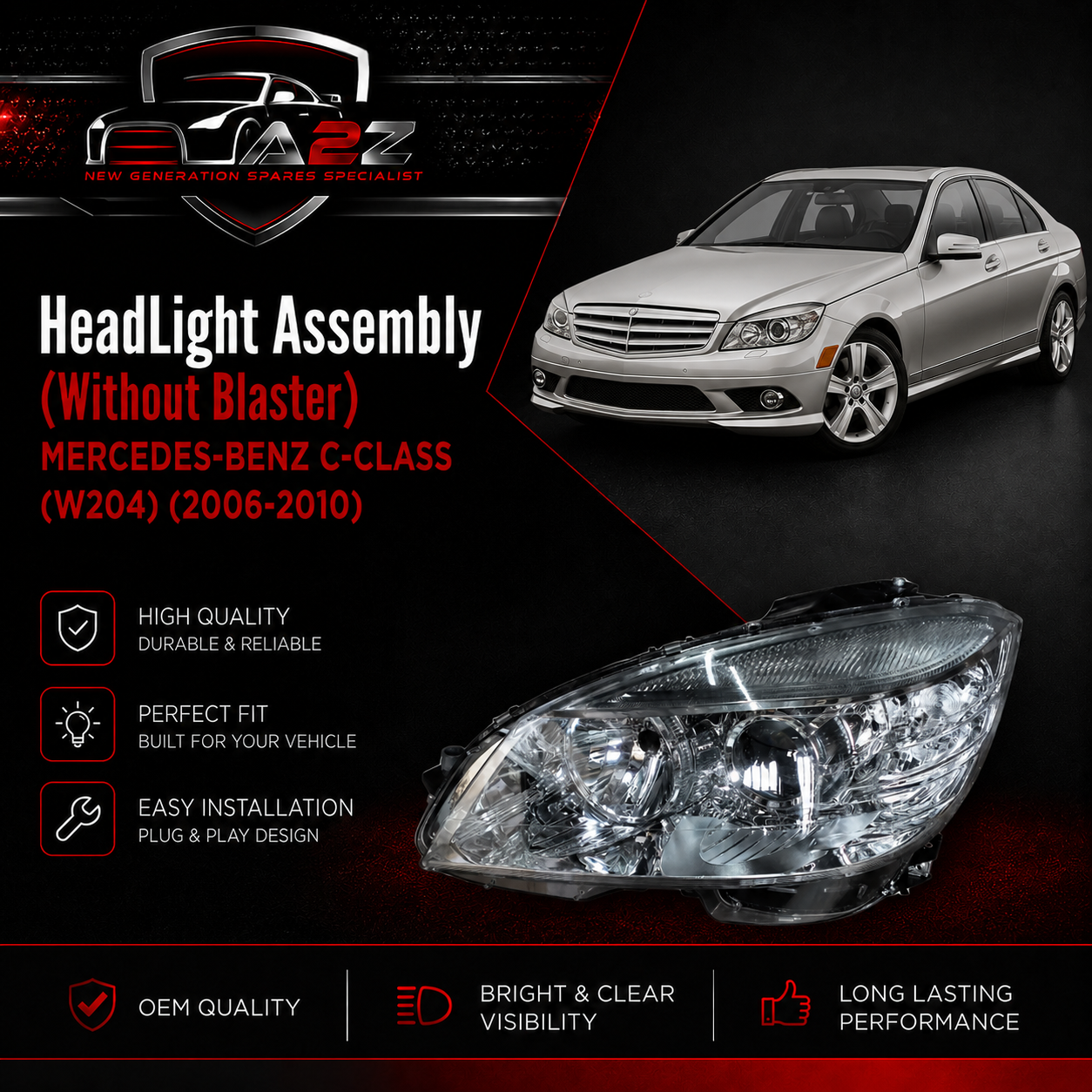 Headlight Headlamp Left & Right (Helogen) (Without Blaster) Compatible With MERCEDES-BENZ C-CLASS (W204) (2006-2010)