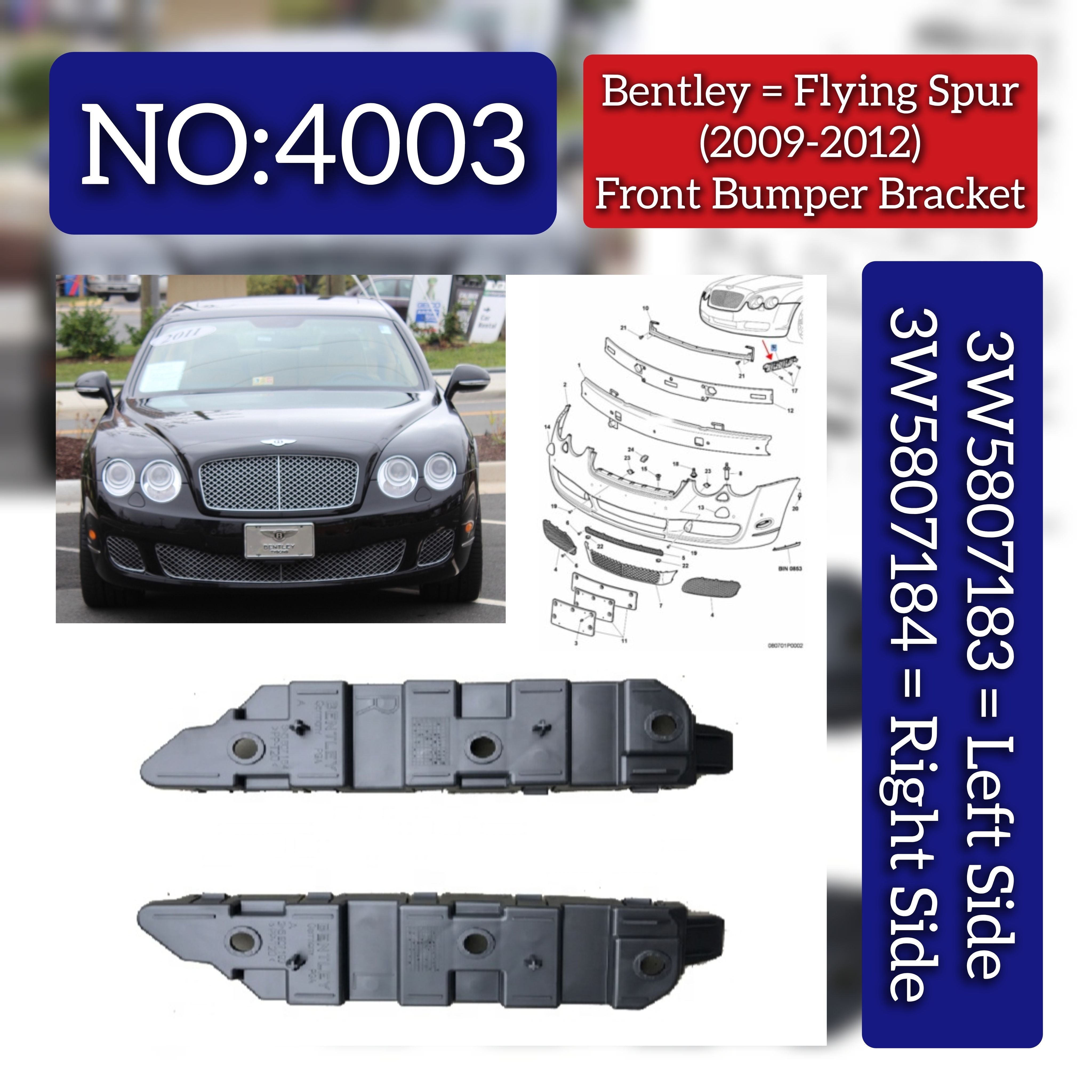 Front Bumper Bracket Set Left 3W5807183 & Right 3W5807184 Compatible With Bentley Flying Spur (2009-2012) Tag No.4003