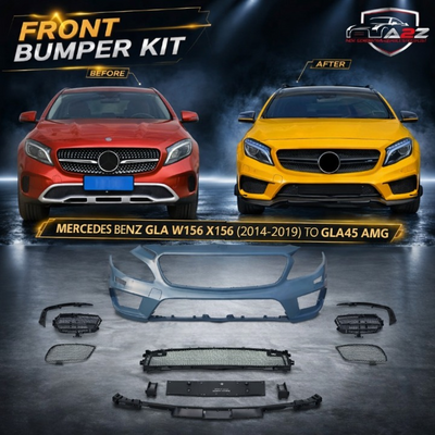 Front Bumper Kit Compatible With Mercedes Benz GLA W156 X156 (2014-2019) Upgrade To Mercedes Benz AMG GLA45 (Shipping Cost Not Included In Price)