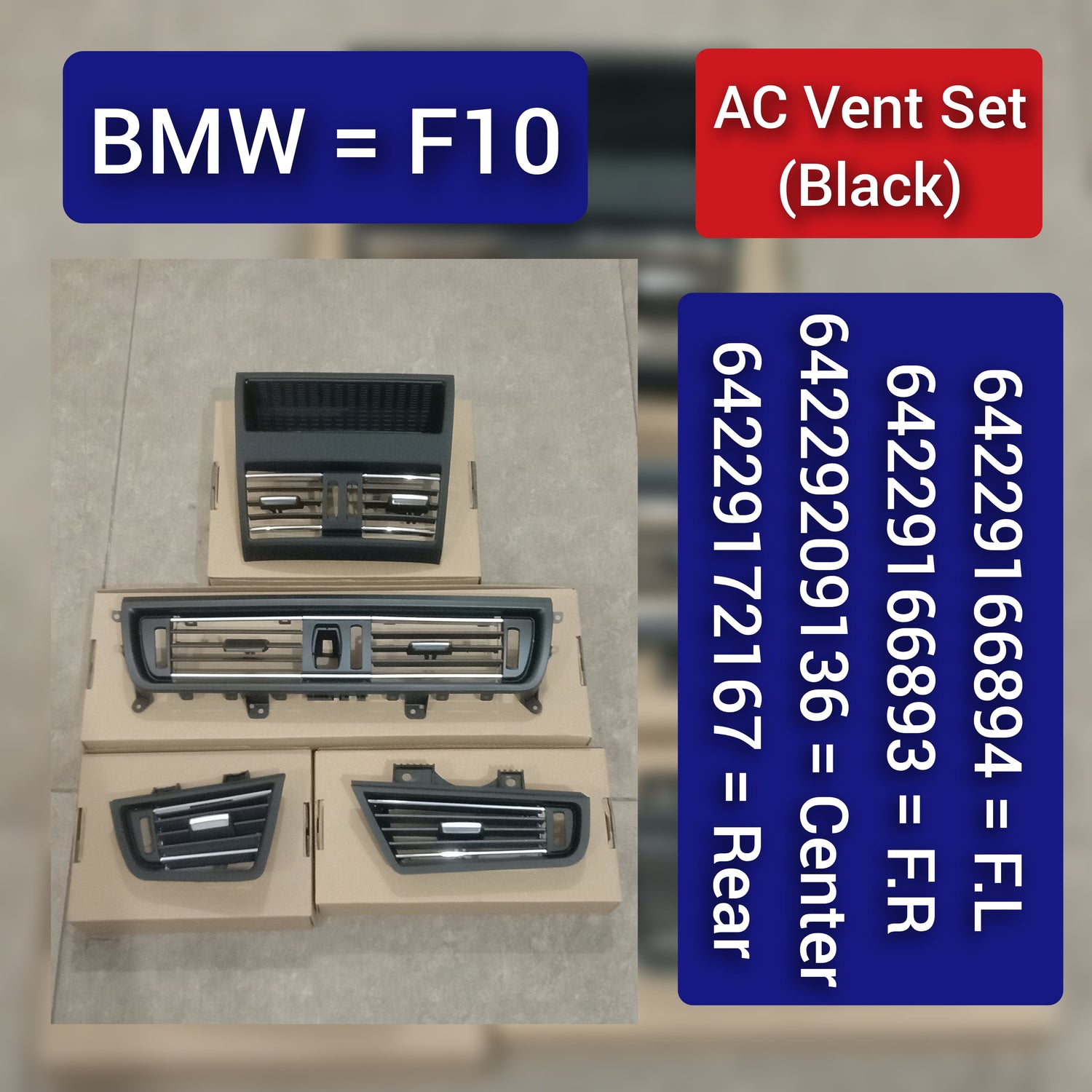 Black Ac Vent Grille Center 64229166885 & Right 64229166894 & Left 64229166893 & Rear 64229172167  Compatible With BMW 5 Series F10