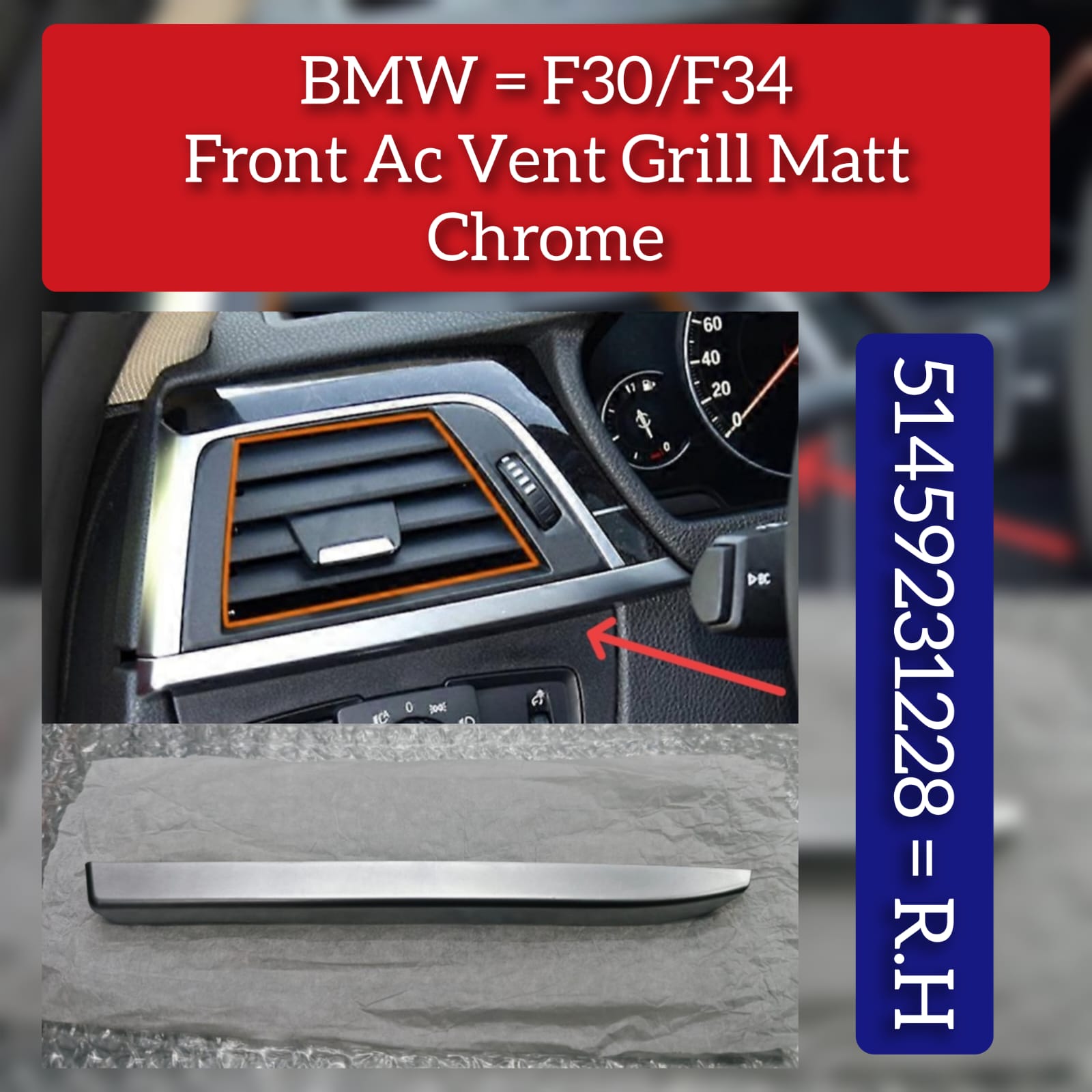 RHD Front Right Ac Vent Grille Panel Outer Frame 51459231228 Compatible with BMW  3/4 Series 30 F31 F34 F35 32 F33 F36 F82 F83