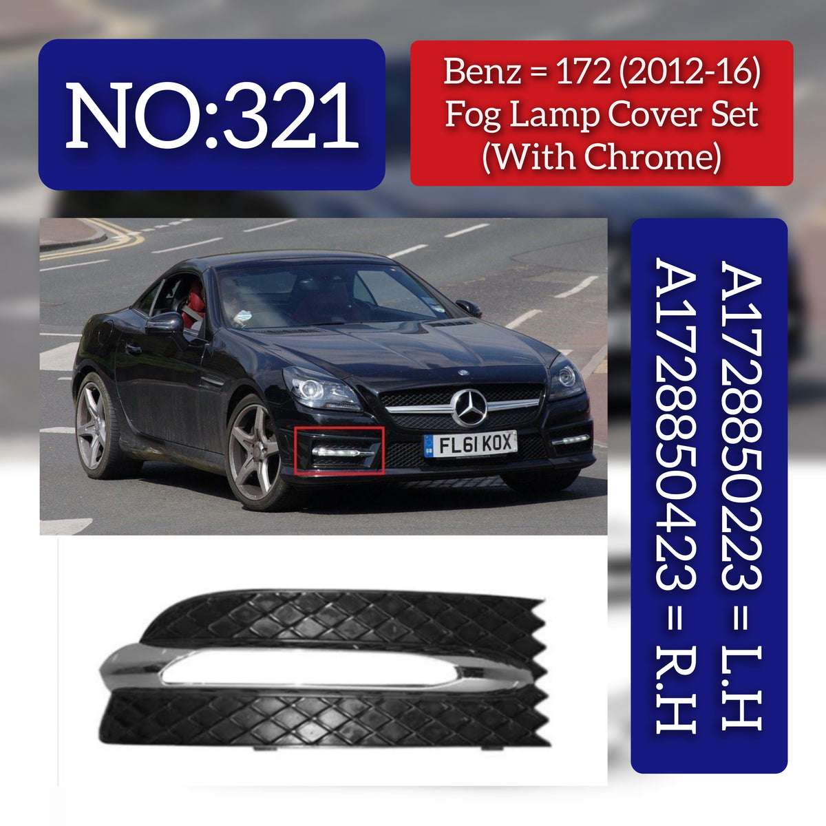 Fog Lamp Cover With Chrome Compatible With MERCEDES-BENZ 172 2012-2016  Fog Lamp Cover With Chrome Left A1728850223 & Right A1728850423 Tag-FC-321