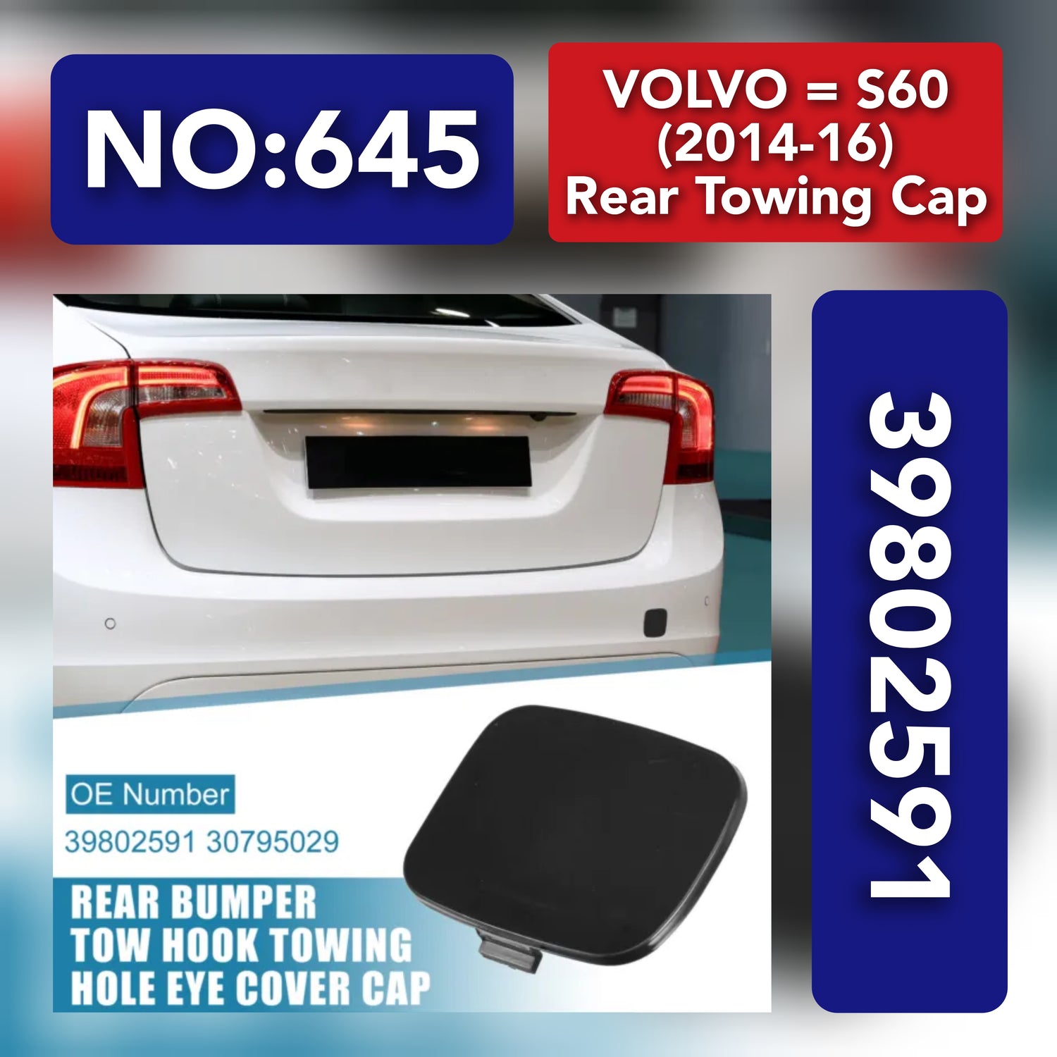 Rear Towing Cap 39802591 & 30795029 Compatible With Volvo S60 (2014-16) Tag 645