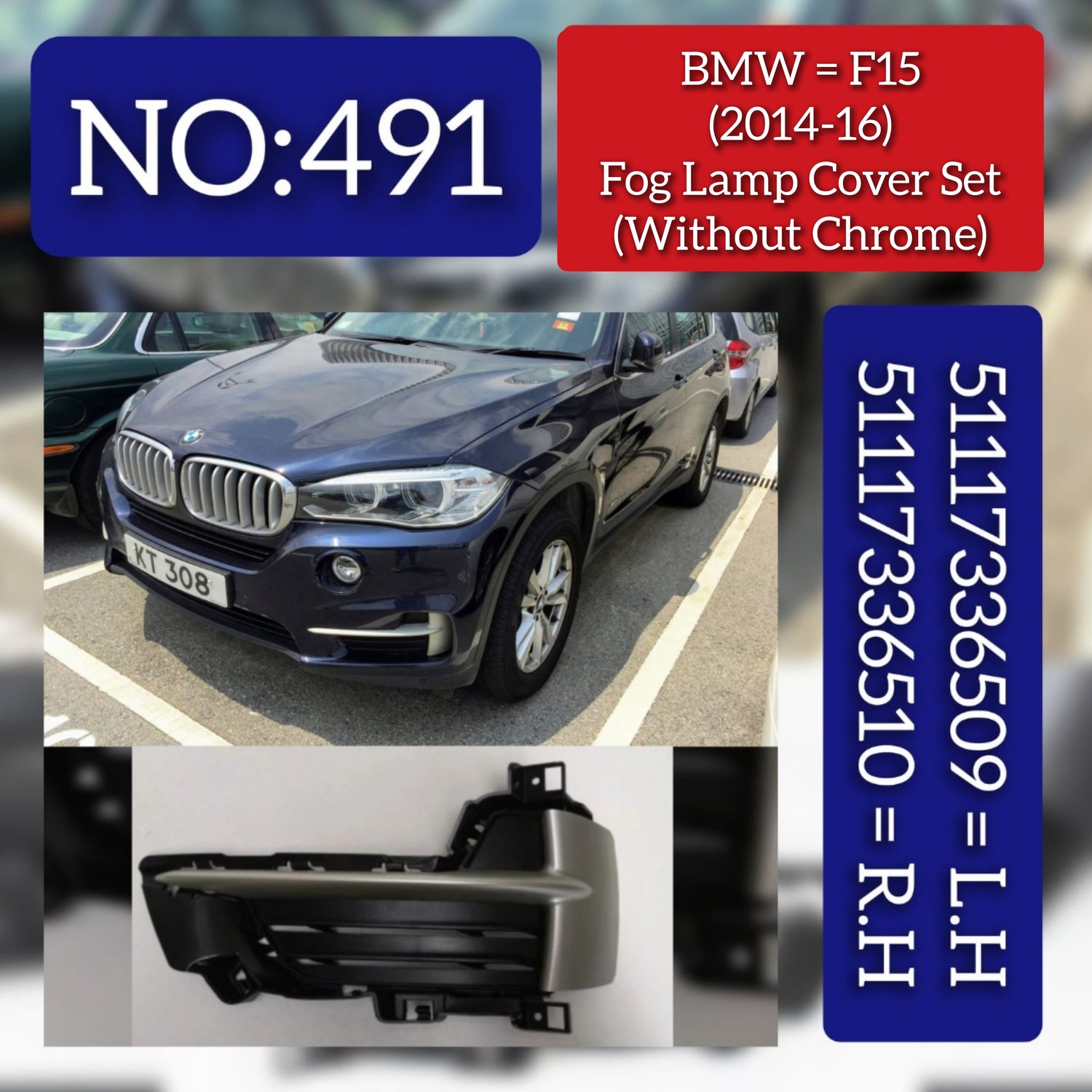 Fog Lamp Cover With Chrome Compatible With BMW X5 F15 2014-2017 Fog Lamp Cover With Chrome Left 51117336509 & Right 51117336510 Tag-FC-491/492