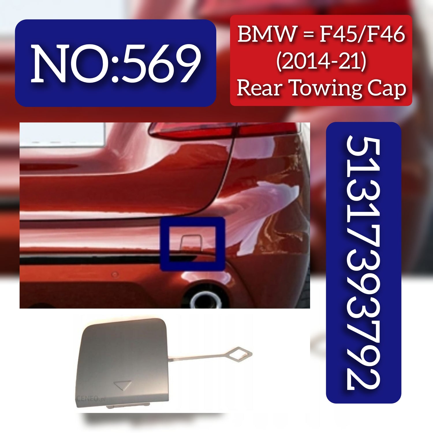 Rear Towing Cap 51317393792 Compatible With BMW F45 F46 (2014-2021) Tag No.569