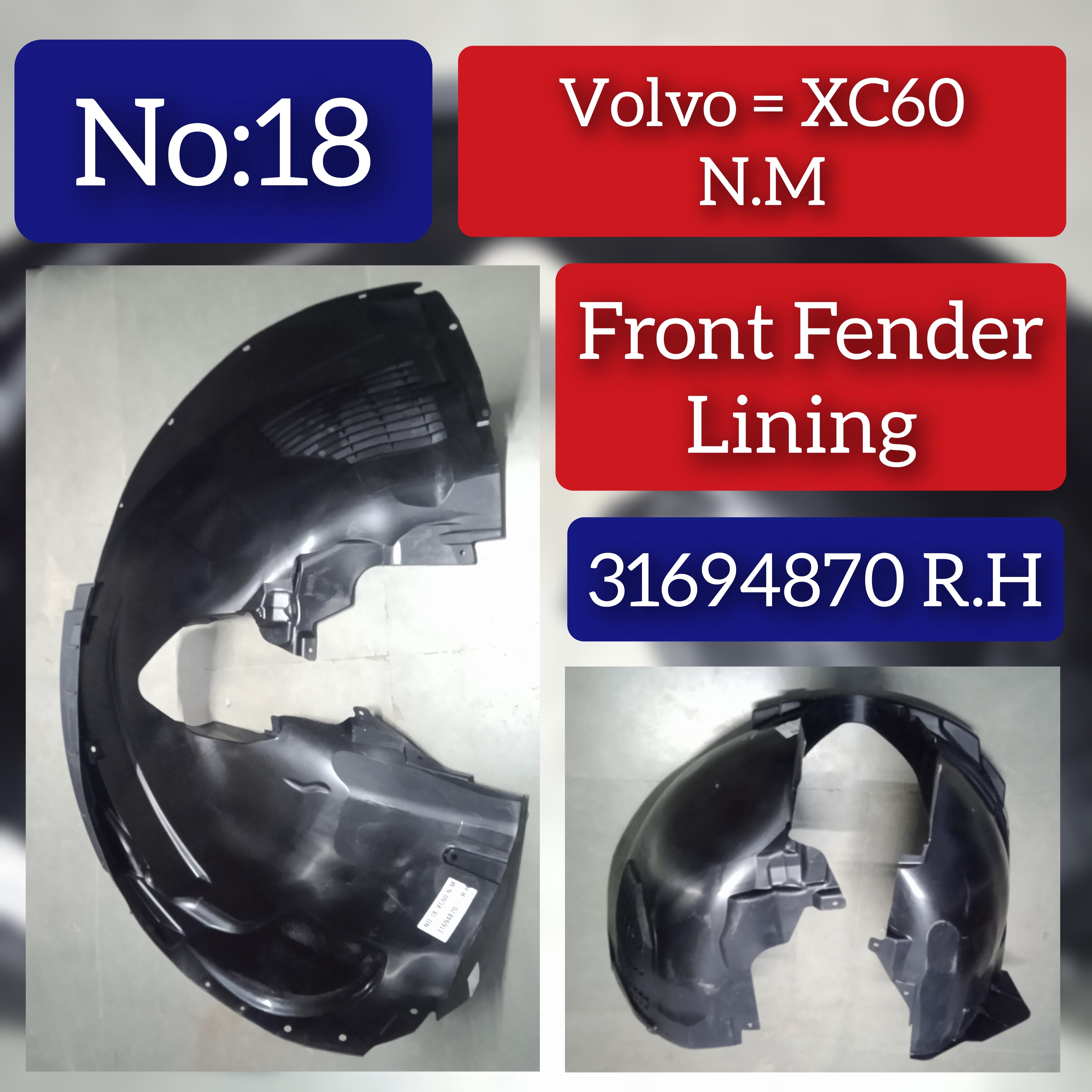 Front Right Fender Liner 31694870 Compatible With VOLVO XC60 N.M Tag-FEV-18