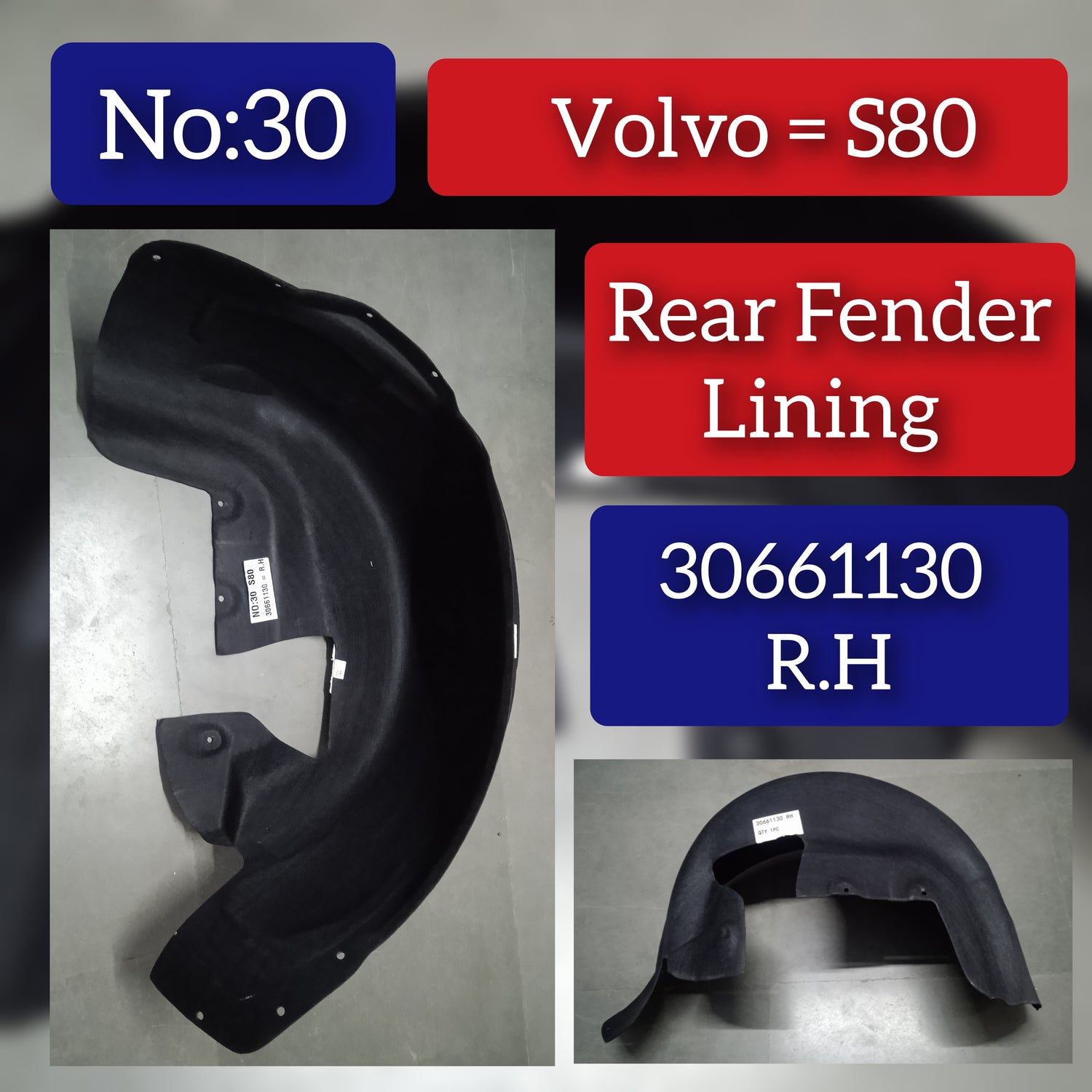 Rear Right  Fender Liner 30661130 Compatible With VOLVO S80 Tag-FEV-30