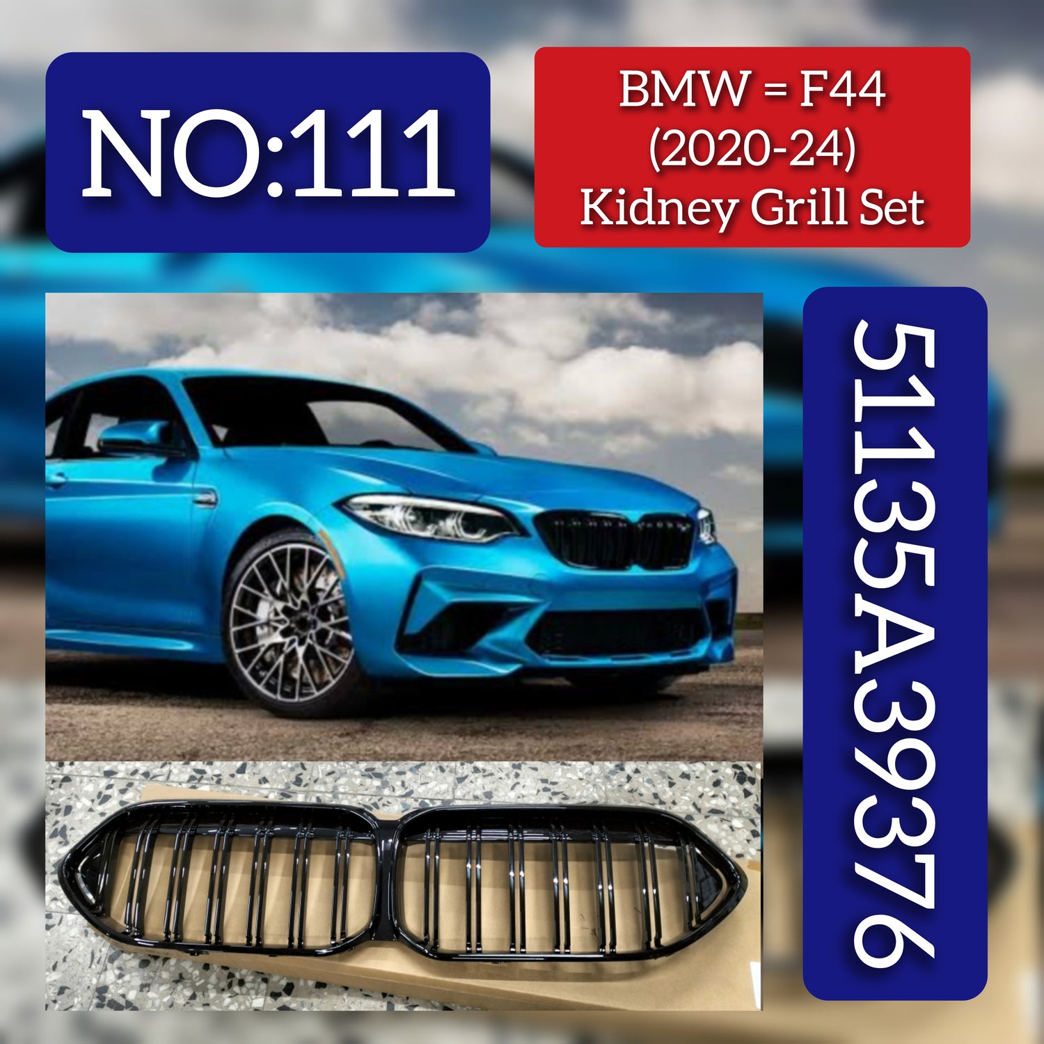 Kidney Grill Set 51135A39376.Compatible With  BMW 2 Series F44(2020-2024) Tag 111