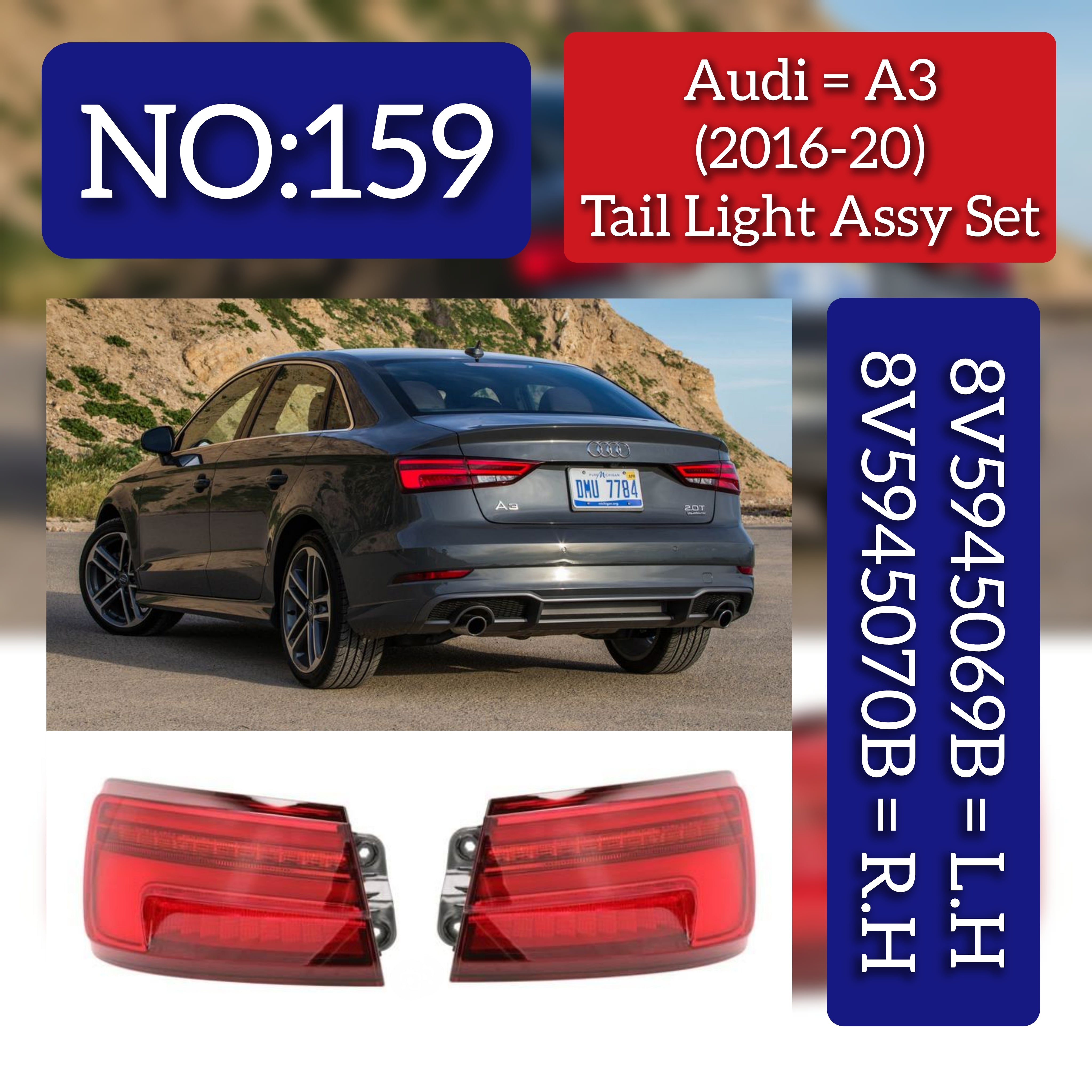 Tail Light Rear Lamp Compatible With AUDI A3 (2016-2020) Tail Light Rear Lamp Left 8V5945069B & Right 8V5945070B