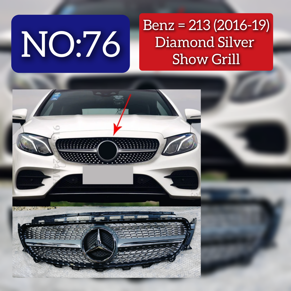 Diamond Silver Chrome Show Grill Compatible With Mercedes Benz E-Class  W213  (2016-2021) Tag 76