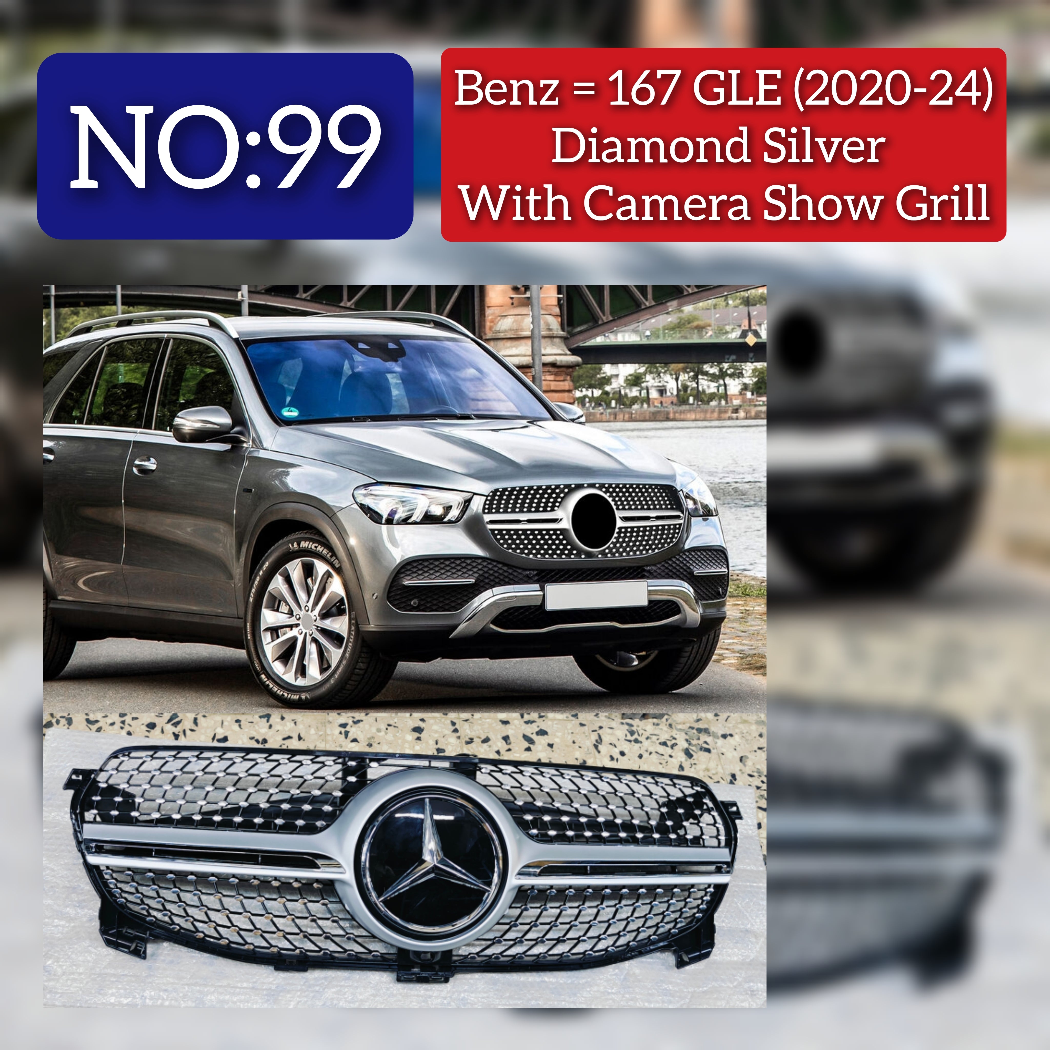 Diamond Silver Chrome Show Grill Compatible With   Mercedes Benz GLE-Class W167 (2019-2023) Tag 99