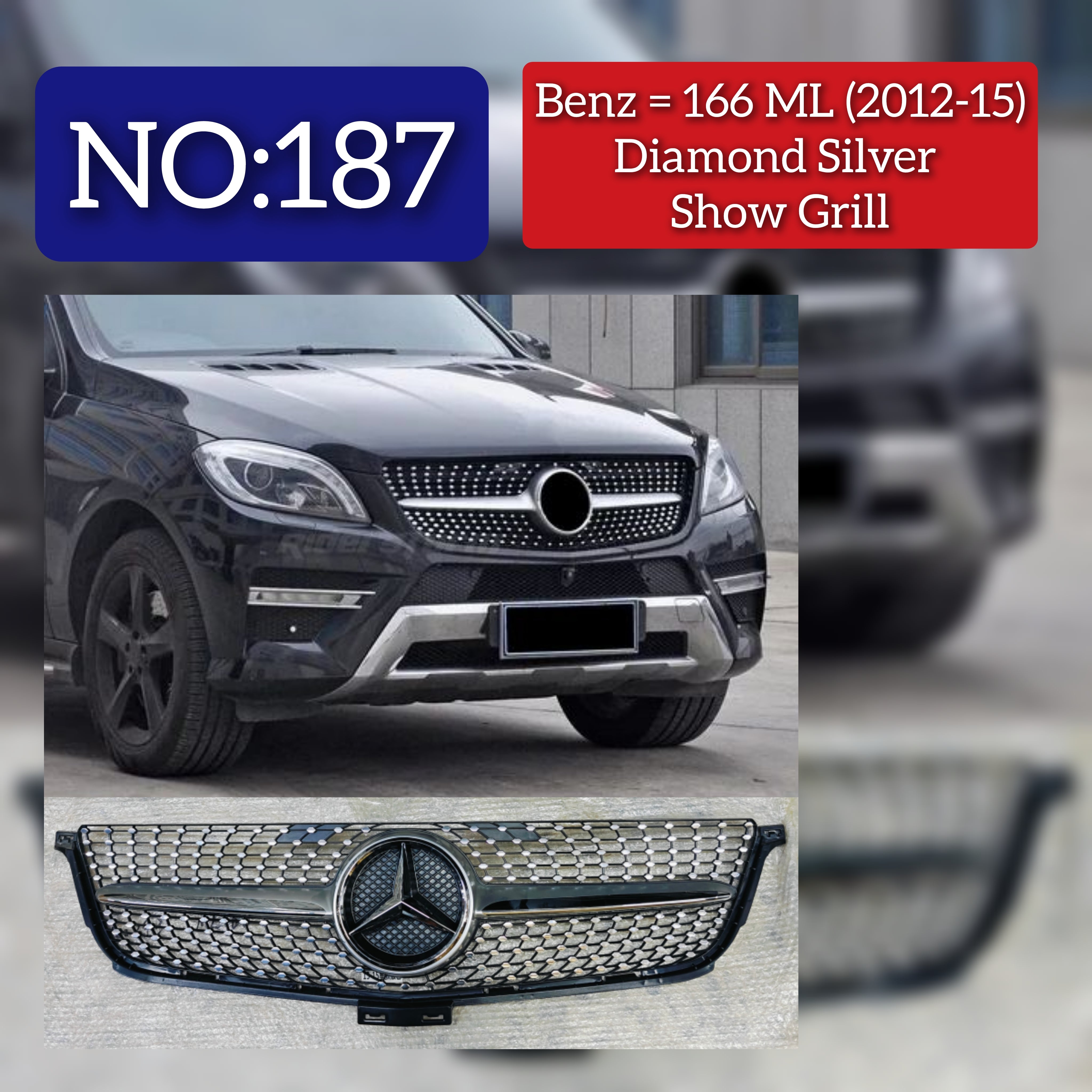 Diamond Silver Chrome Show Grill  Compatible With Mercedes  Benz ML-Class W166 (2012-2016) Tag 187
