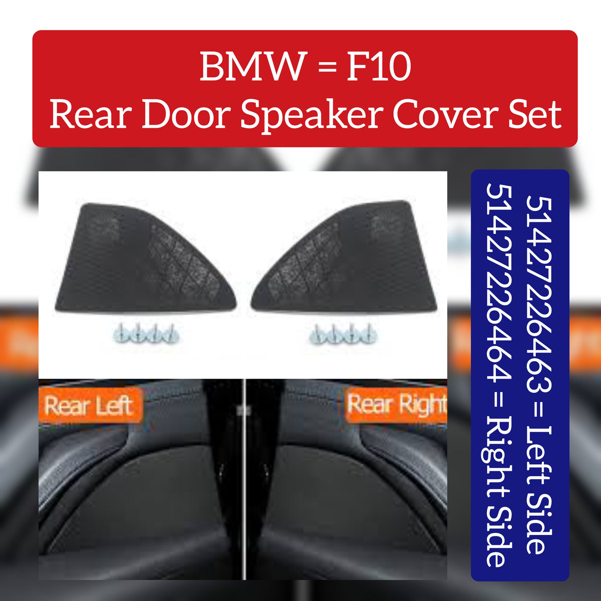 Rear Left Door Speaker Cover Black 51427226463 Compatible With BMW 5 series F10 F11