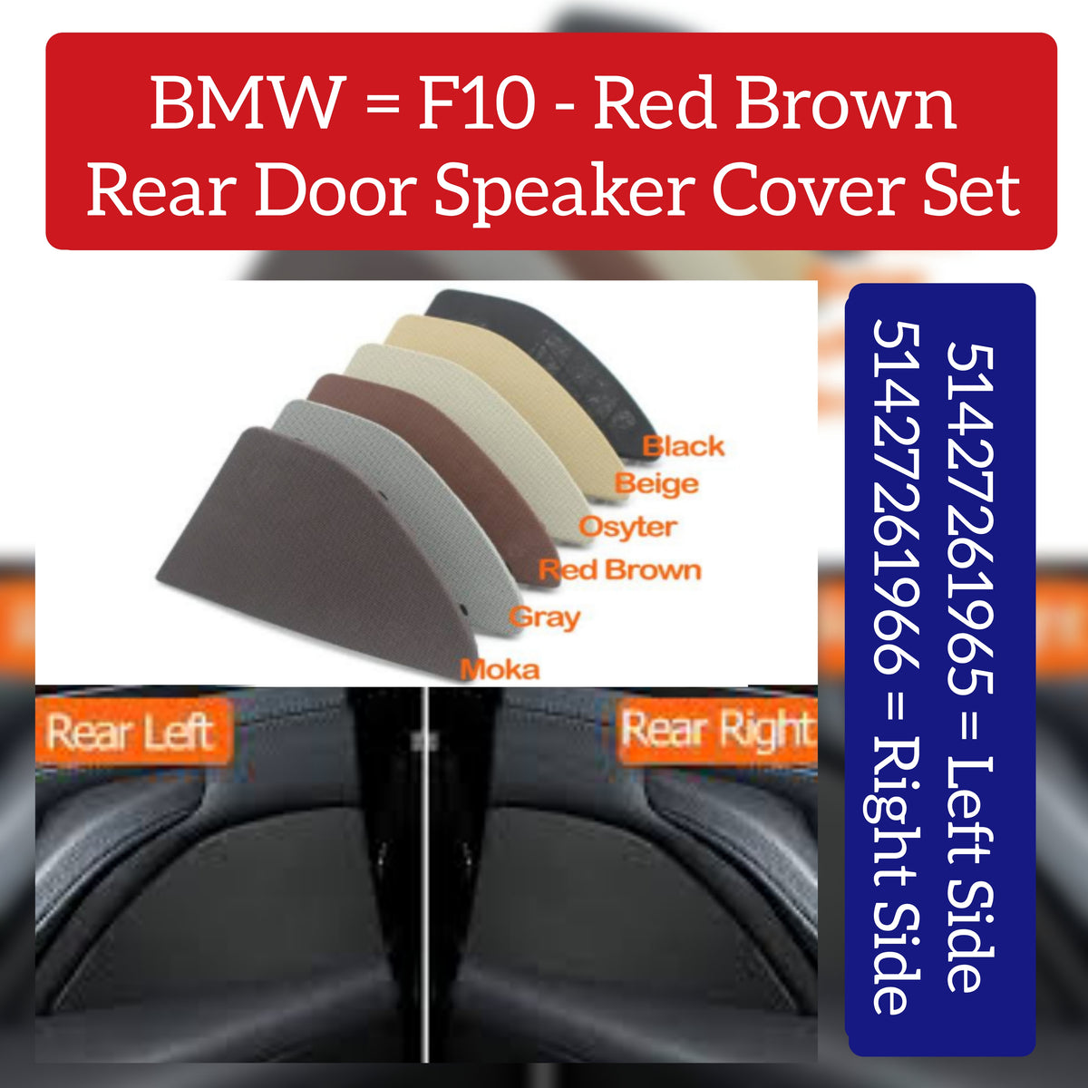 Rear Right Door Speaker Cover Red Brown 51427261966 Compatible With BMW 5 Series F10 F11