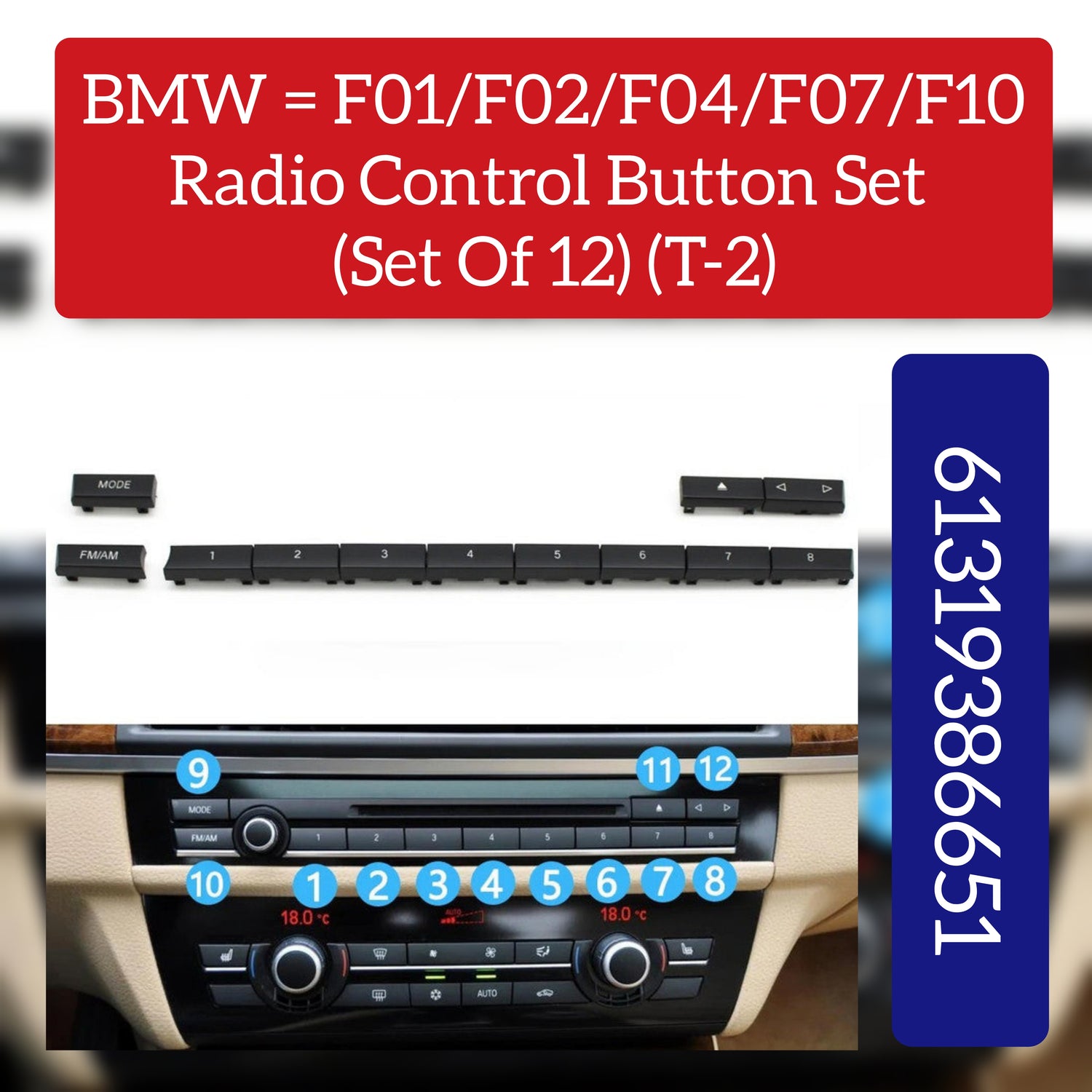 CD Player Buttons 12pcs Set Model A Black 61319386651-Q12 Compatible With BMW 5/6/7 Series F10 F11 F18 F07 F06 F12 F13 F01 F02 F04